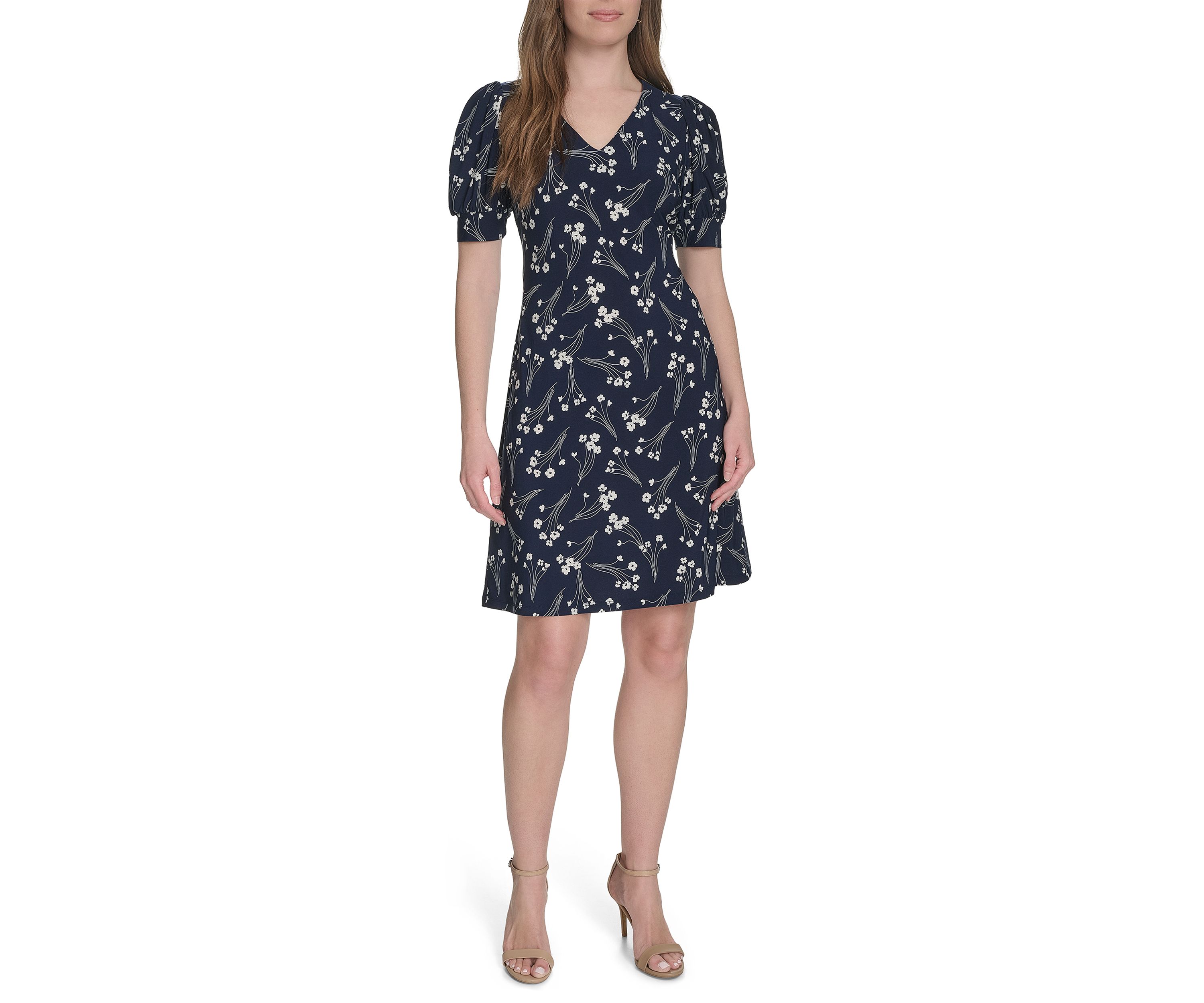 Womens Short Puff Sleeve V-Neck Jersey Shift Dress 