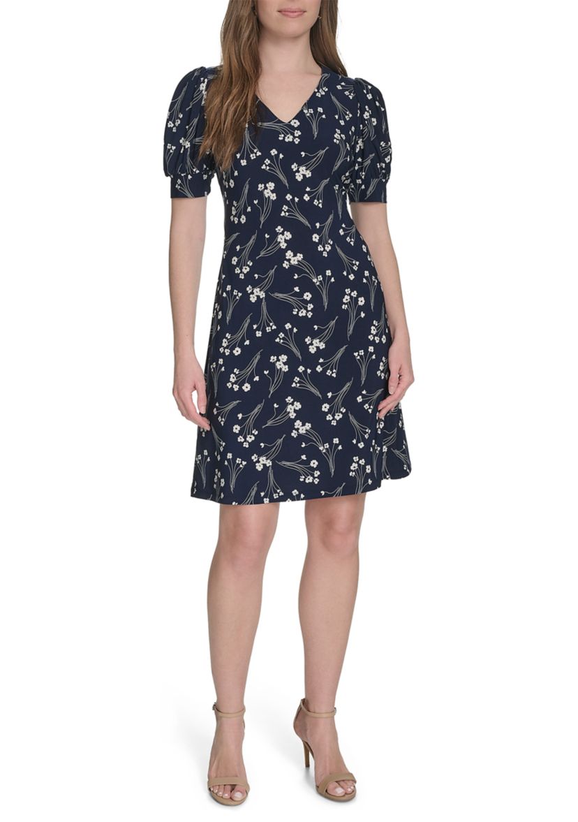 Womens Short Puff Sleeve V-Neck Jersey Shift Dress 
