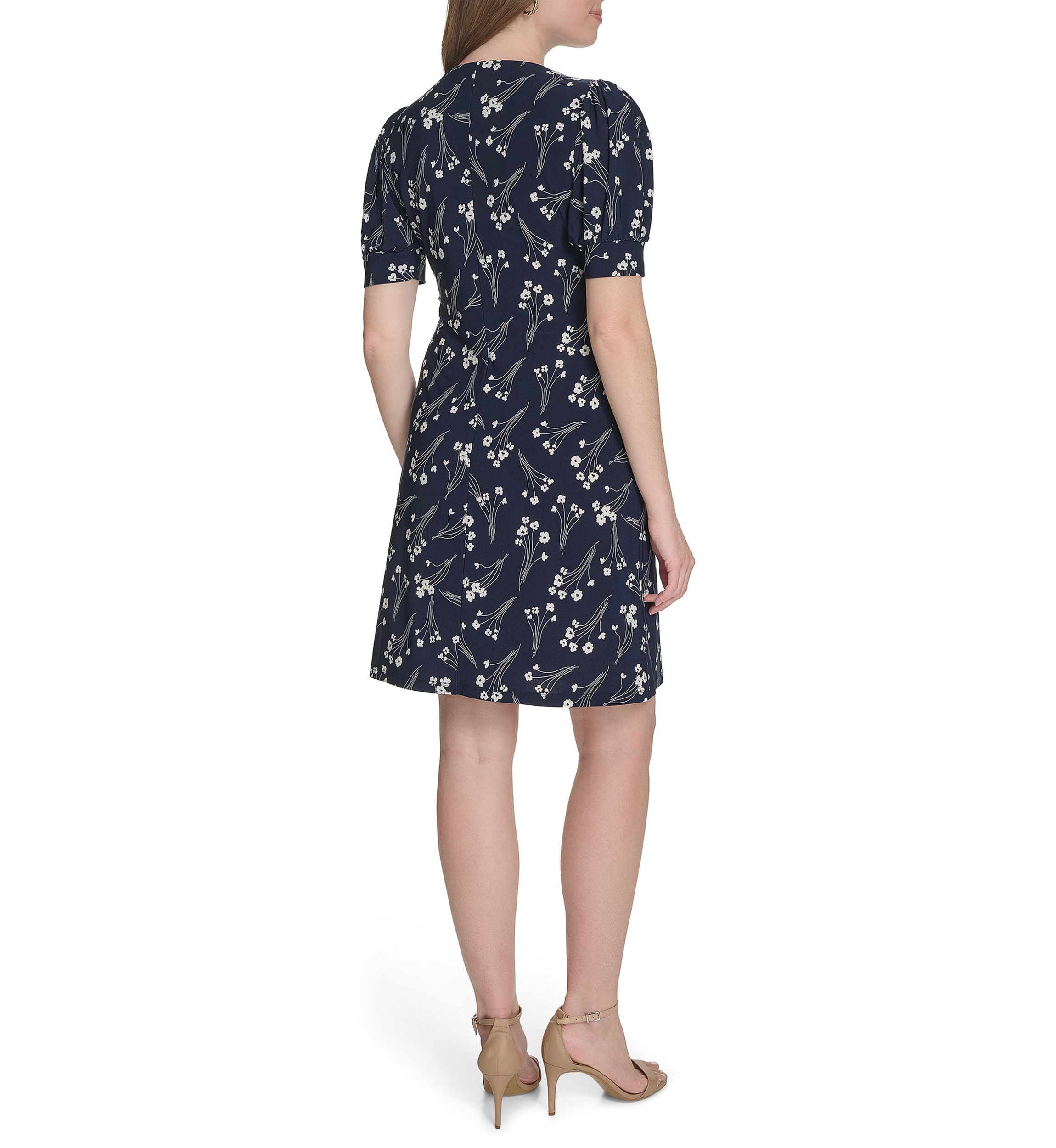 Womens Short Puff Sleeve V-Neck Jersey Shift Dress 