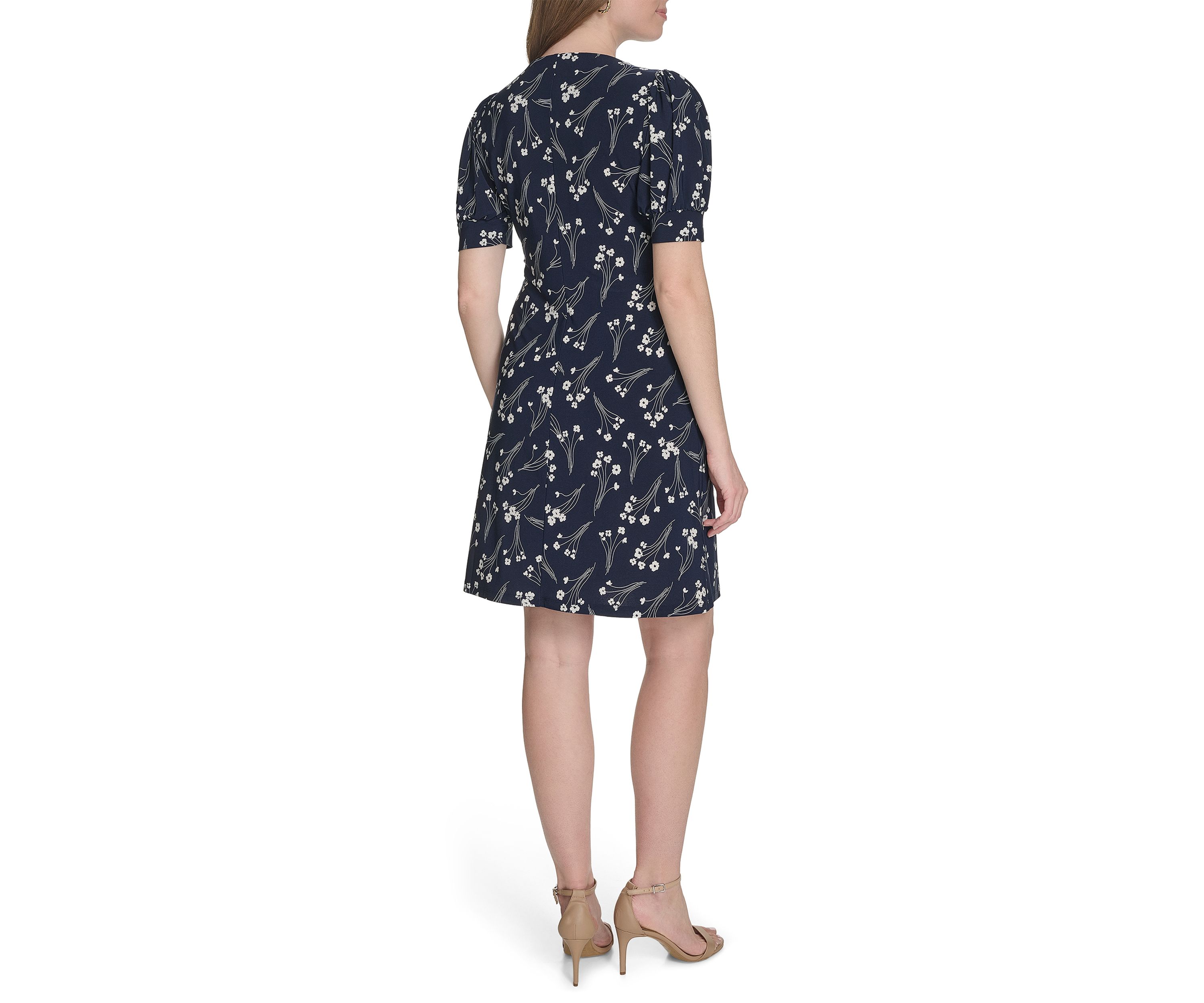 Womens Short Puff Sleeve V-Neck Jersey Shift Dress 
