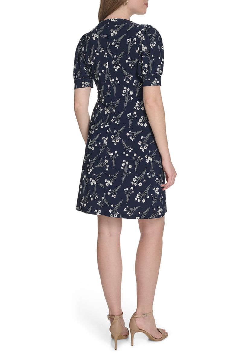 Womens Short Puff Sleeve V-Neck Jersey Shift Dress 