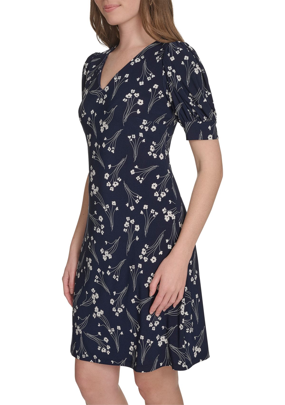 Womens Short Puff Sleeve V-Neck Jersey Shift Dress 