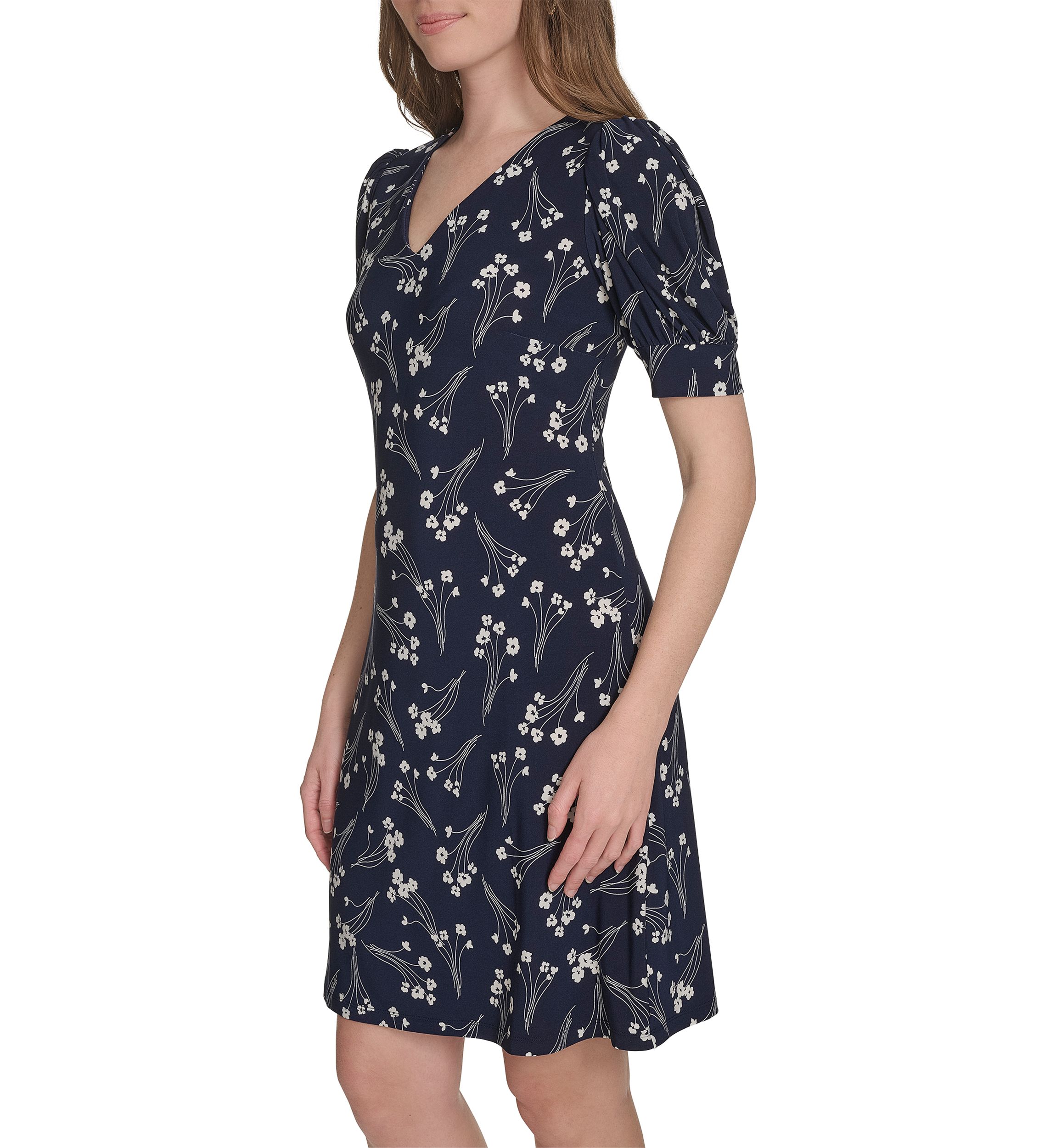 Womens Short Puff Sleeve V-Neck Jersey Shift Dress 