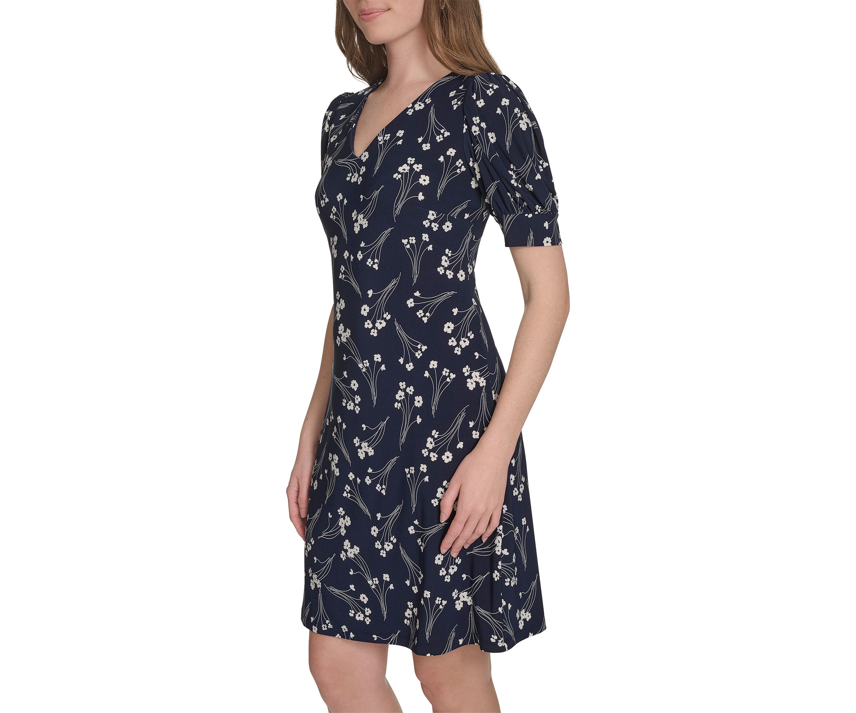 Womens Short Puff Sleeve V-Neck Jersey Shift Dress 