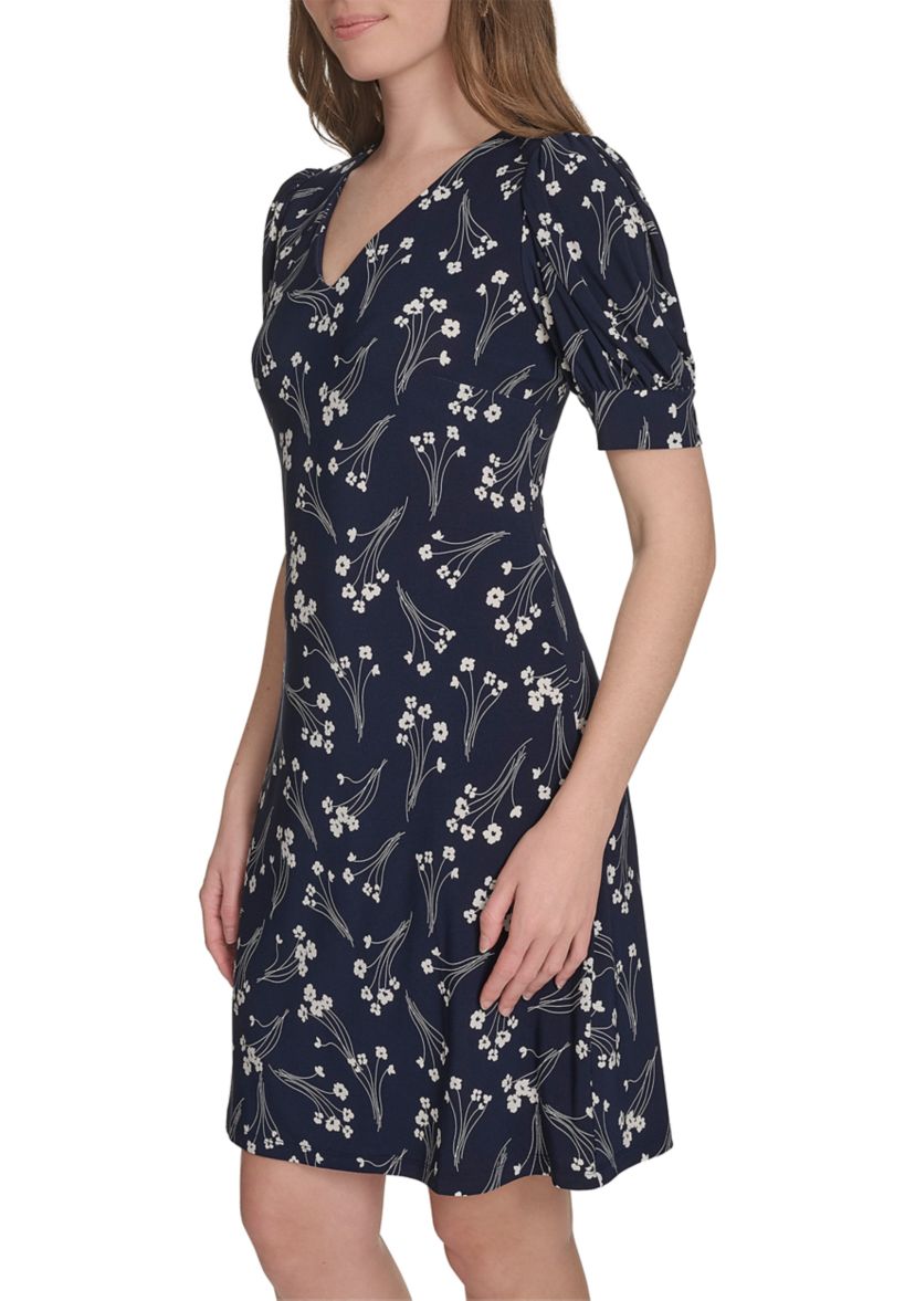 Womens Short Puff Sleeve V-Neck Jersey Shift Dress 