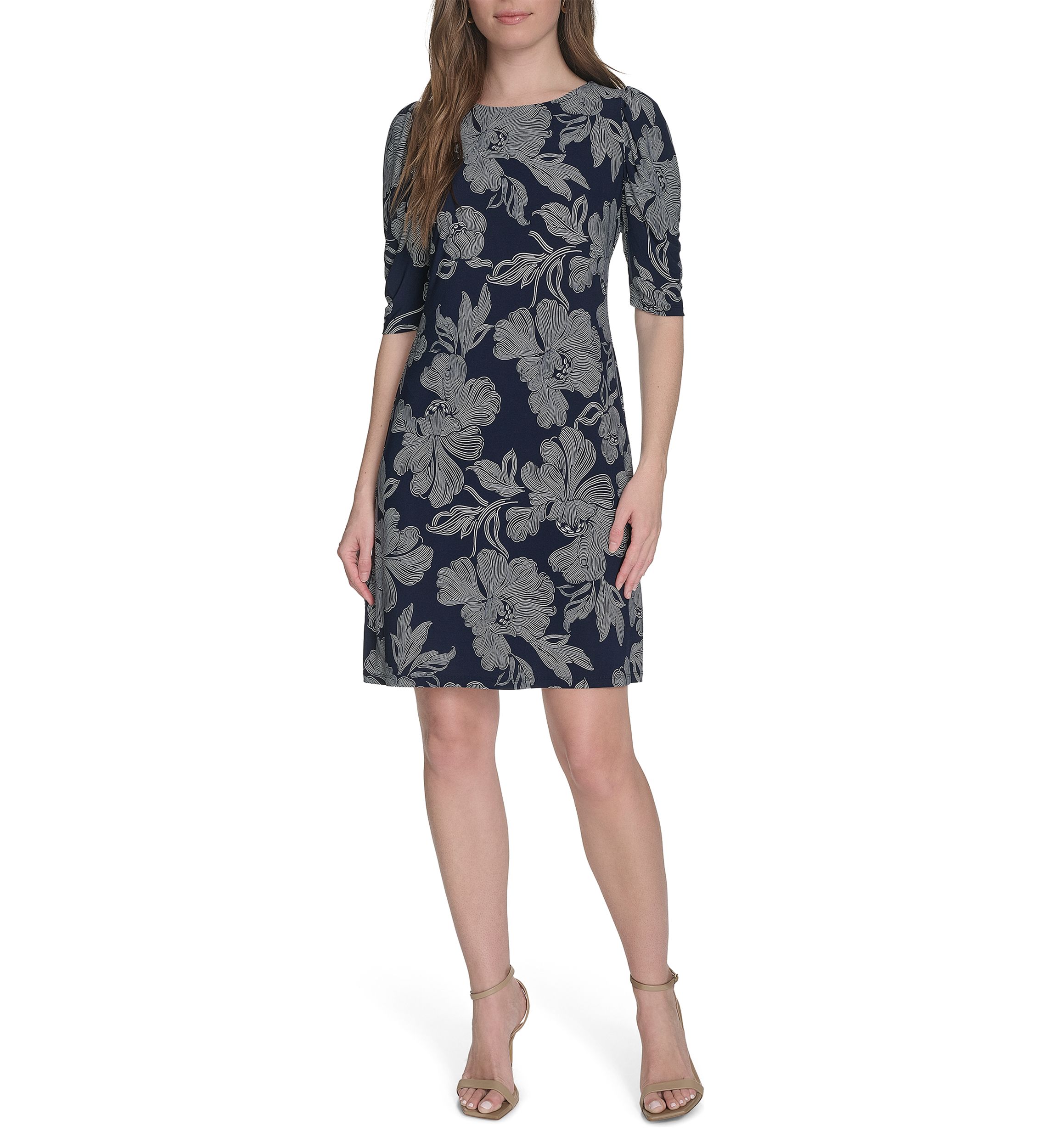 Womens Short Ruched Sleeve Jersey Shift Dress