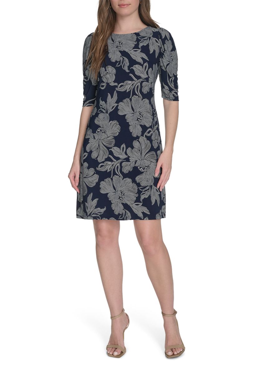 Womens Short Ruched Sleeve Jersey Shift Dress