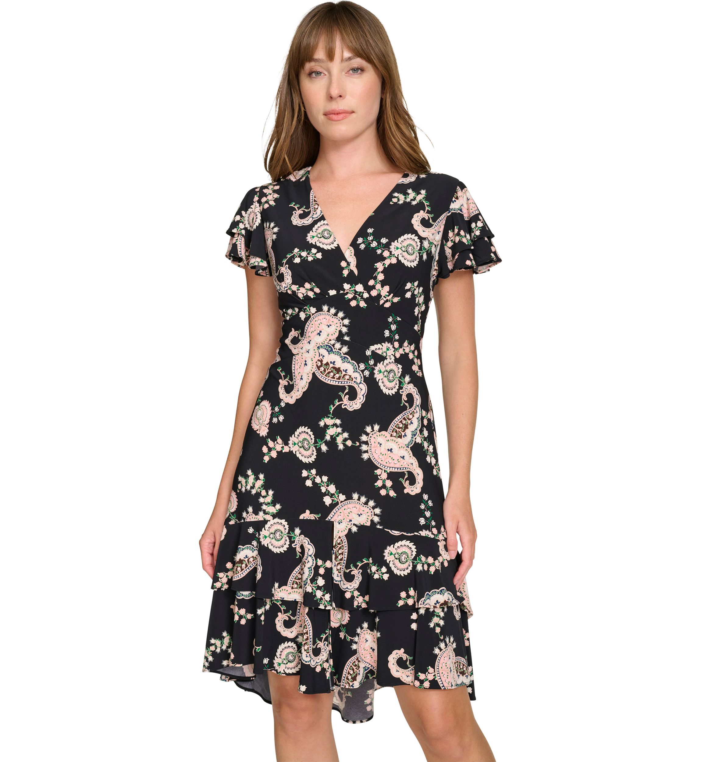 Womens Flutter Sleeve Surplice Neck Empire Waist Dress with Flounce Hem