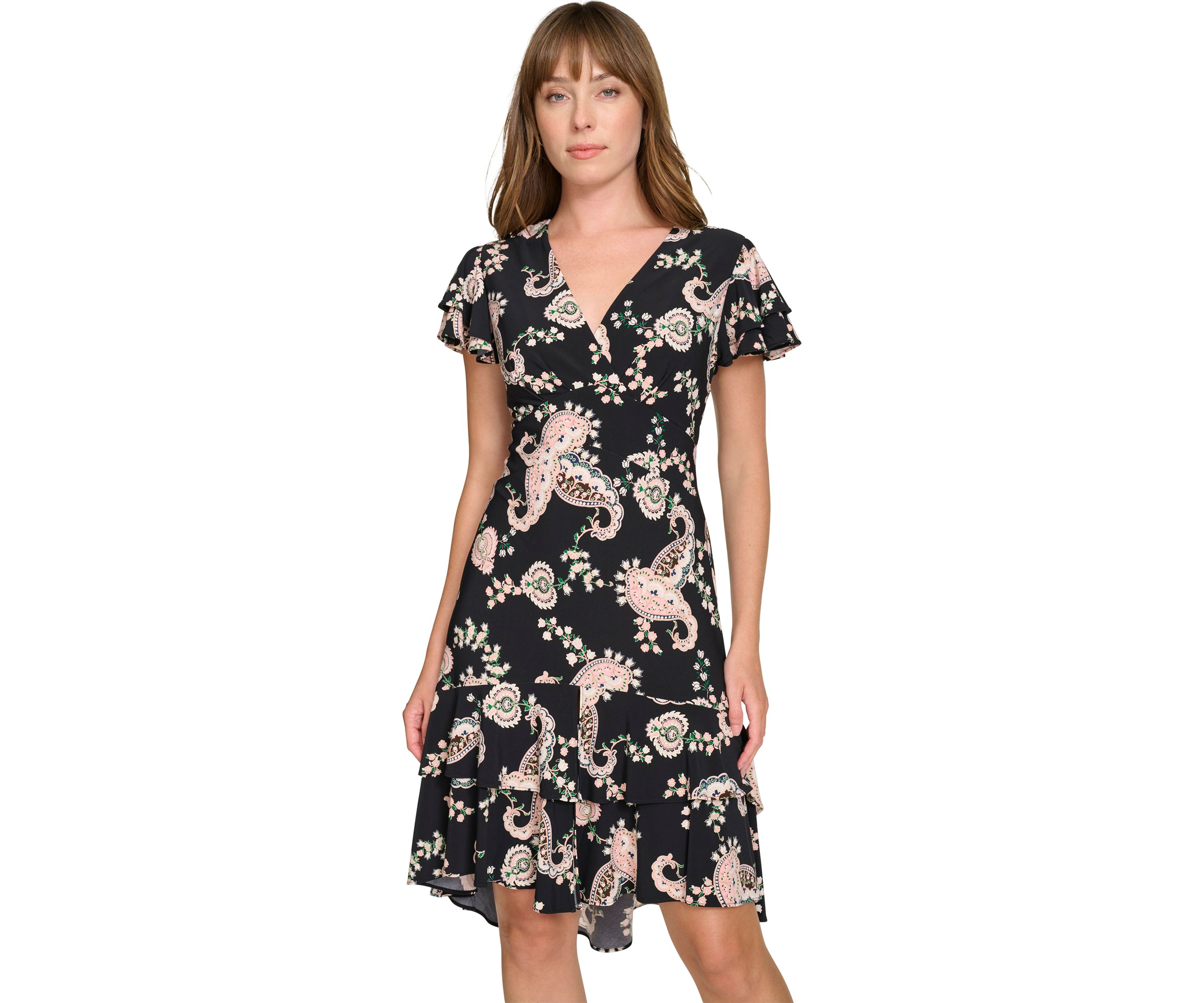 Womens Flutter Sleeve Surplice Neck Empire Waist Dress with Flounce Hem