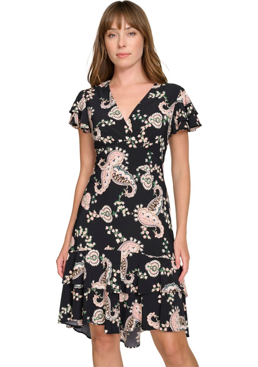 Womens Flutter Sleeve Surplice Neck Empire Waist Dress with Flounce Hem
