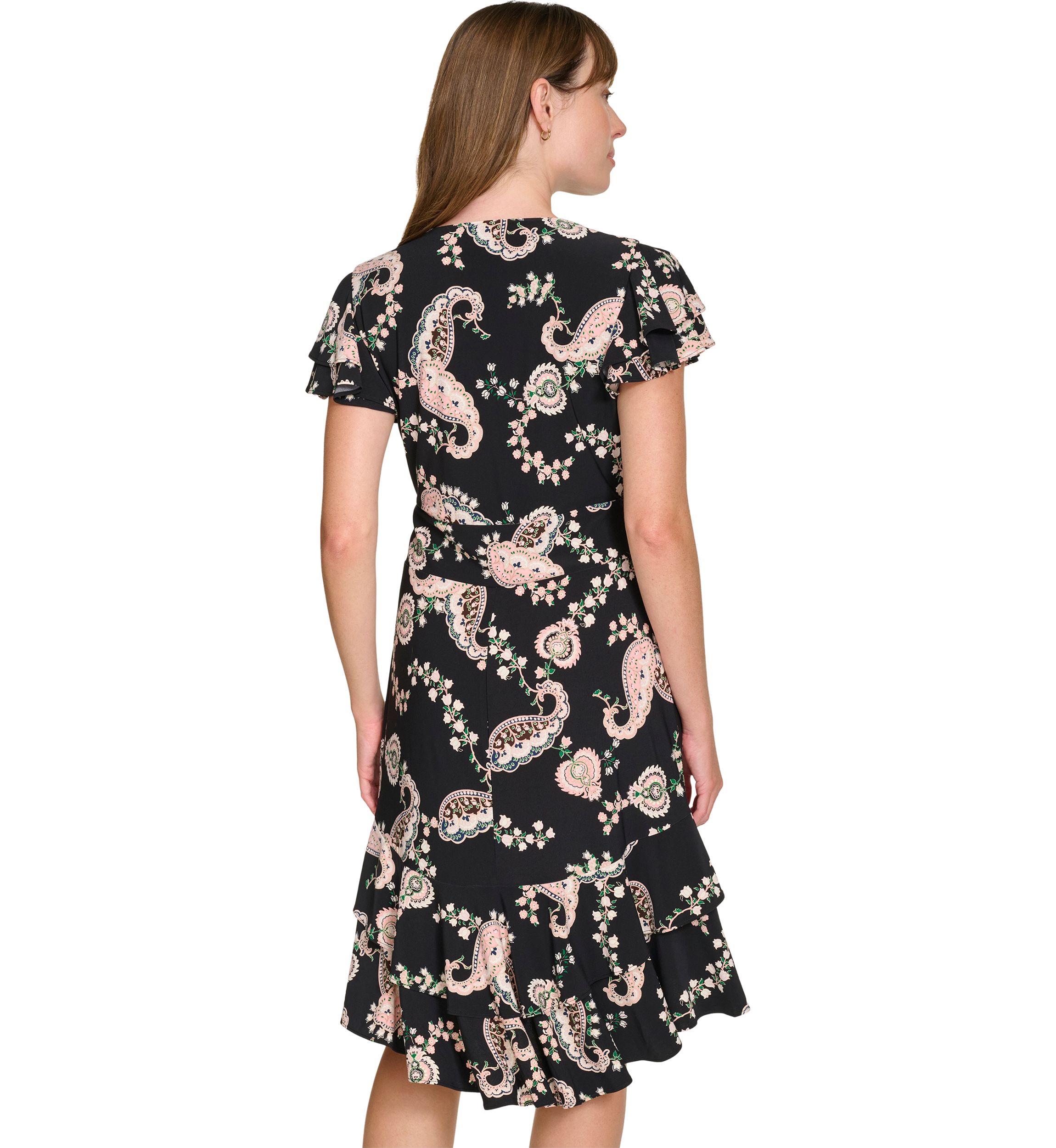Womens Flutter Sleeve Surplice Neck Empire Waist Dress with Flounce Hem