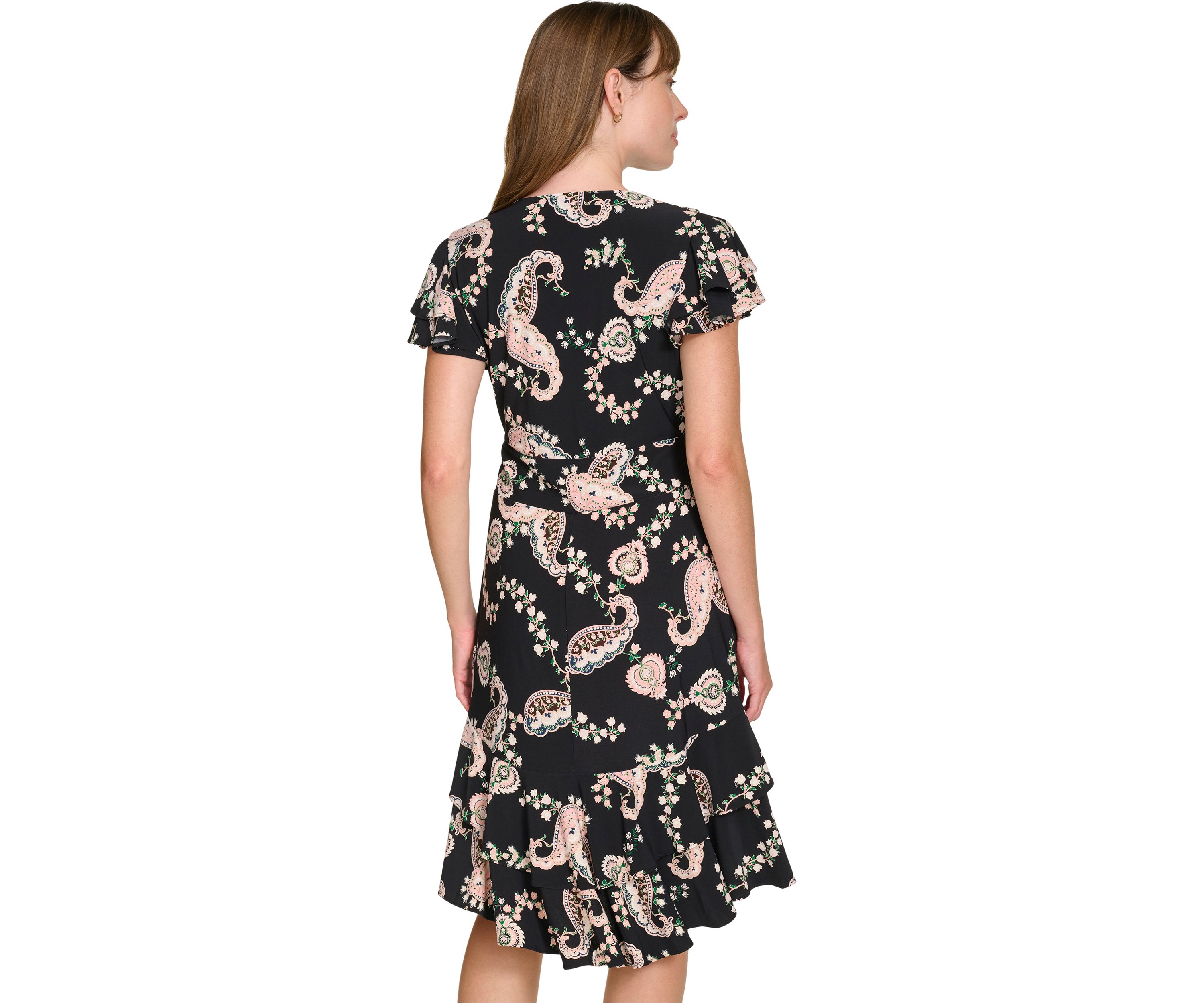 Womens Flutter Sleeve Surplice Neck Empire Waist Dress with Flounce Hem