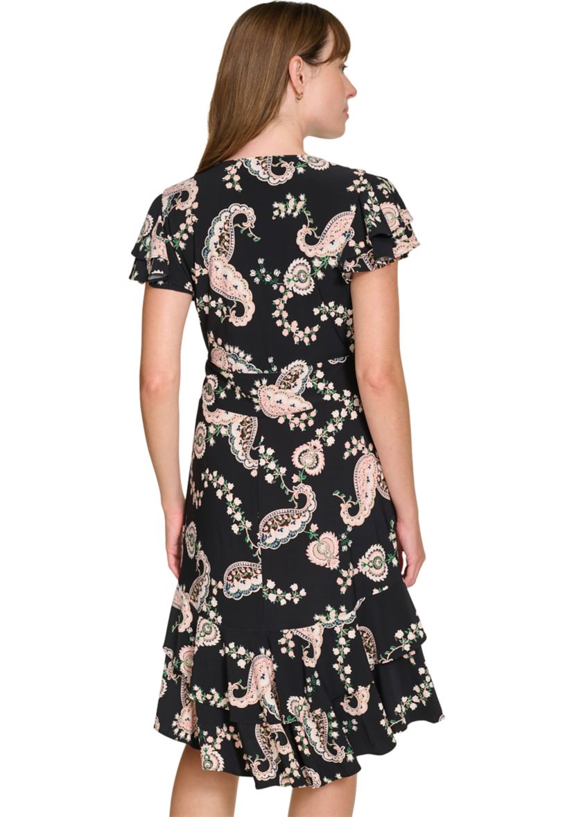 Womens Flutter Sleeve Surplice Neck Empire Waist Dress with Flounce Hem