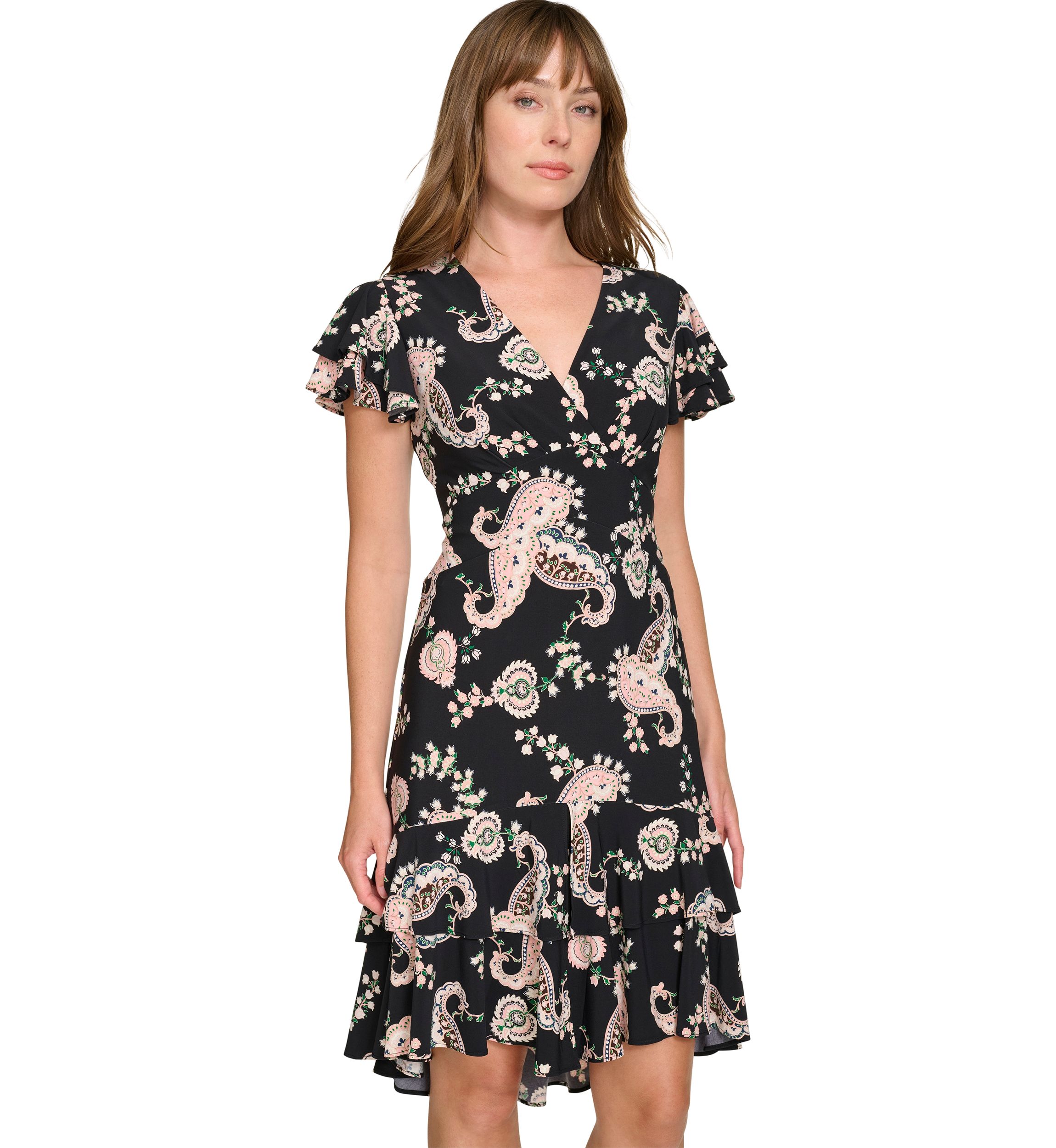 Womens Flutter Sleeve Surplice Neck Empire Waist Dress with Flounce Hem