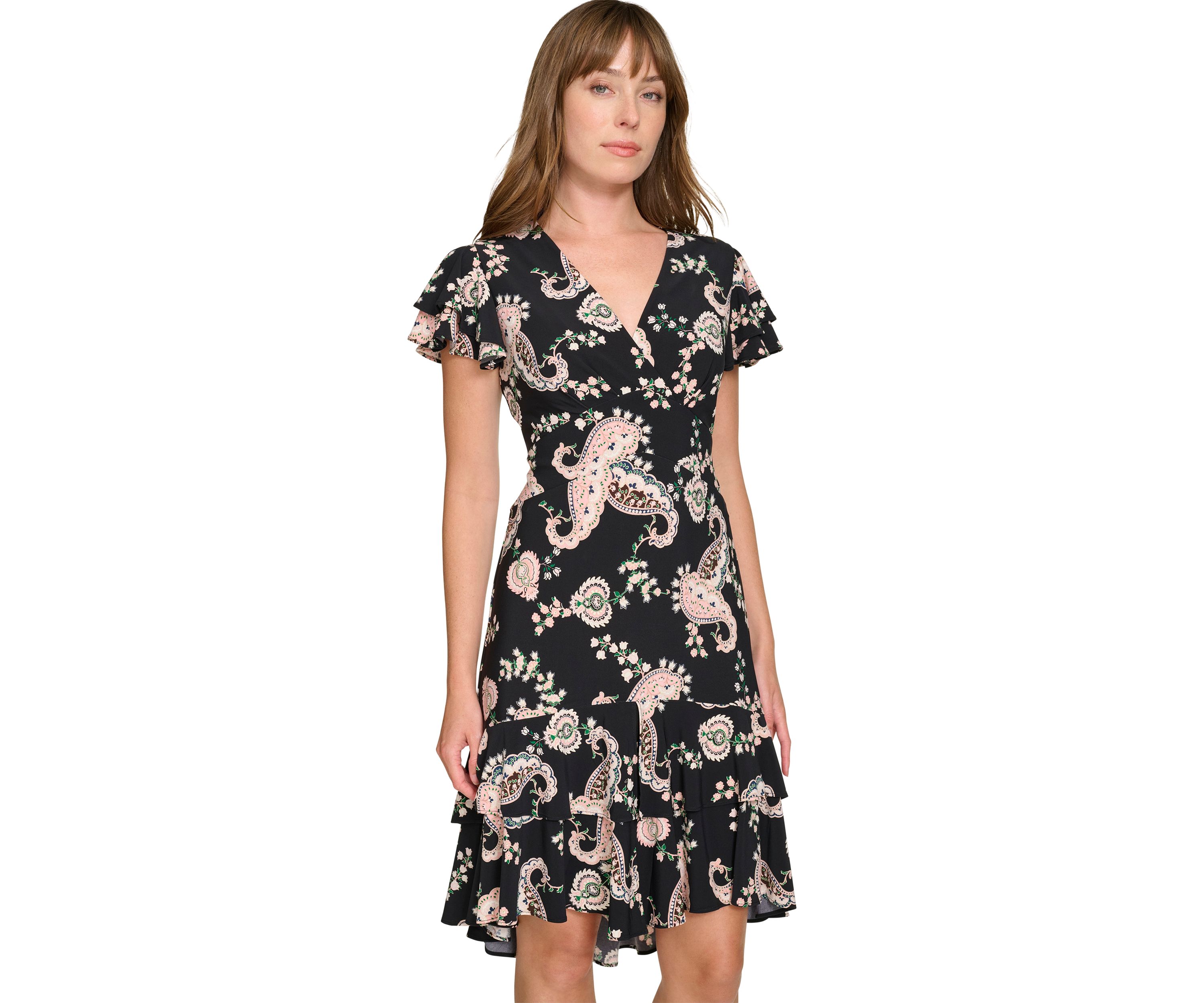Womens Flutter Sleeve Surplice Neck Empire Waist Dress with Flounce Hem