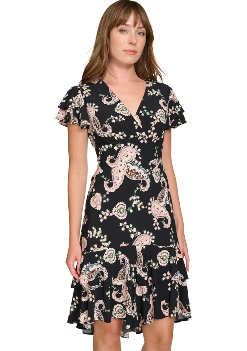 Womens Flutter Sleeve Surplice Neck Empire Waist Dress with Flounce Hem