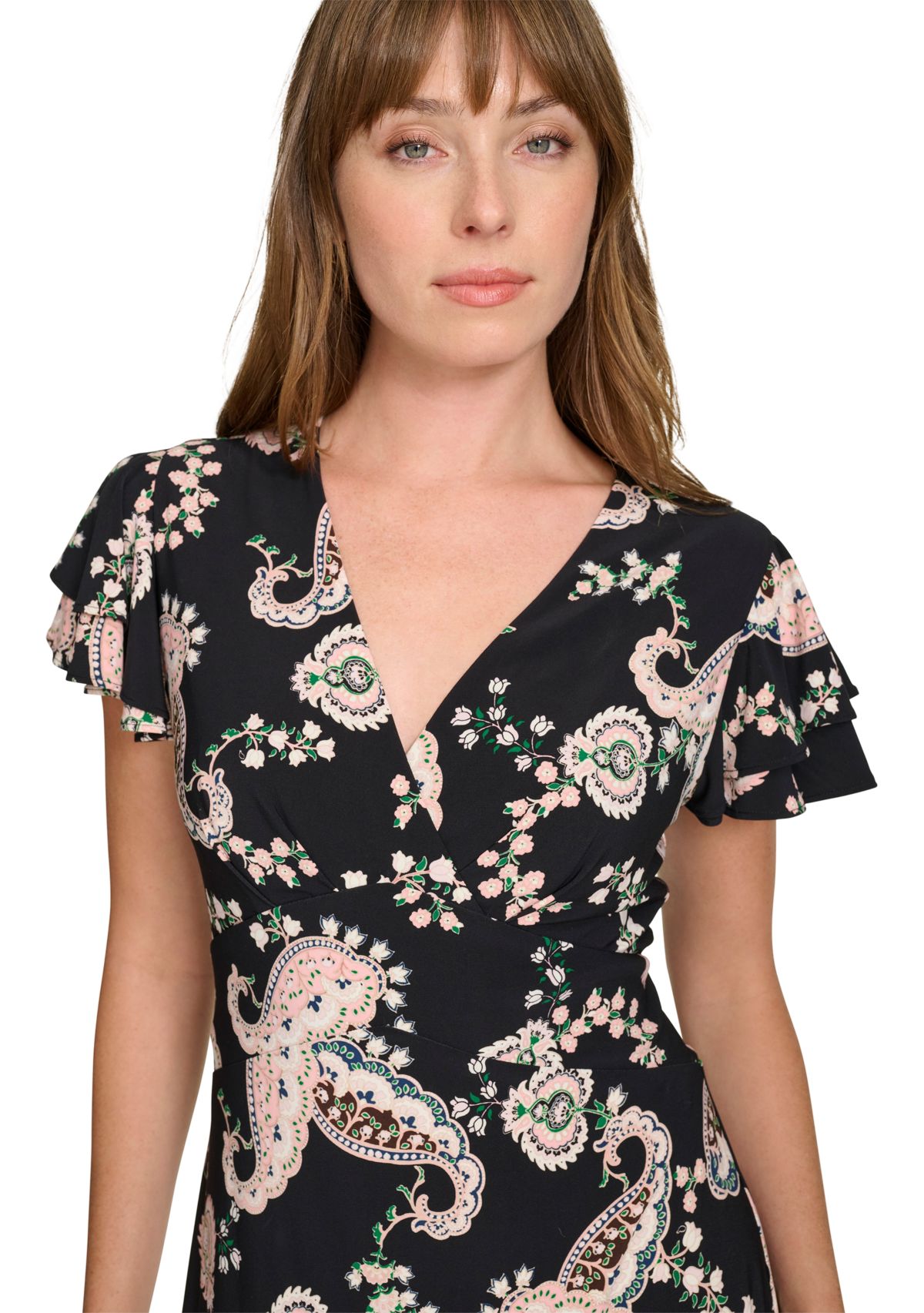 Womens Flutter Sleeve Surplice Neck Empire Waist Dress with Flounce Hem