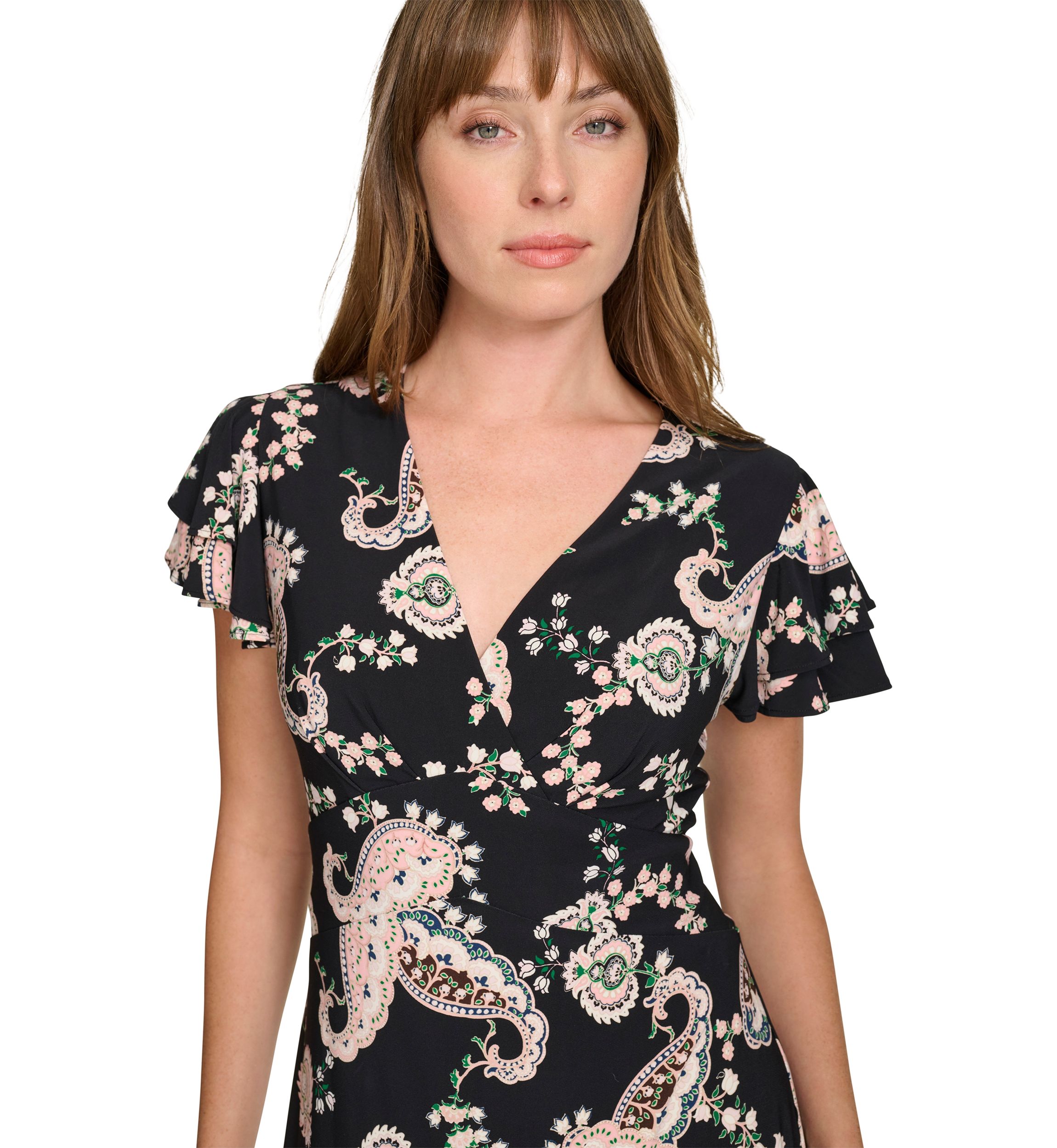 Womens Flutter Sleeve Surplice Neck Empire Waist Dress with Flounce Hem