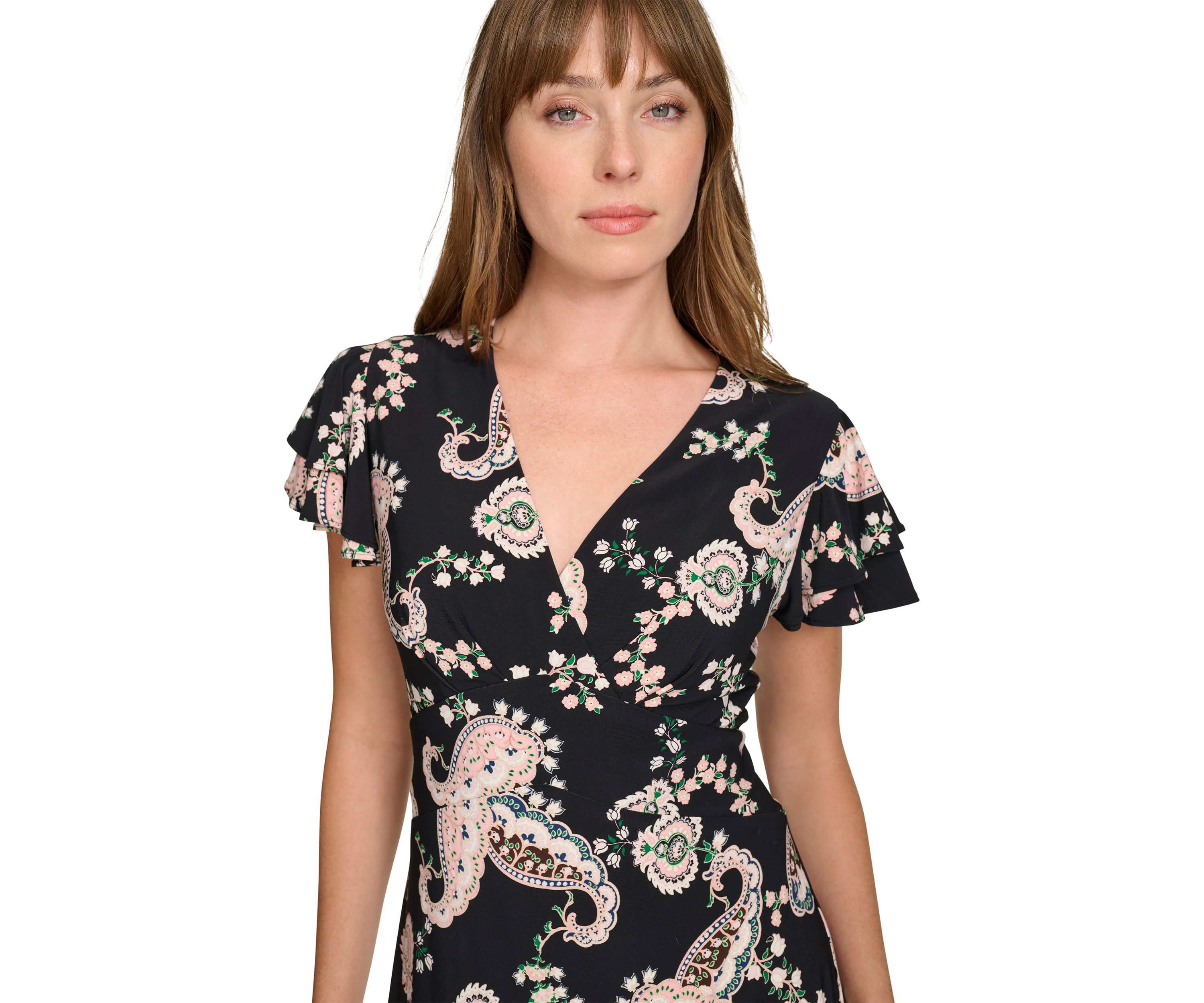 Womens Flutter Sleeve Surplice Neck Empire Waist Dress with Flounce Hem