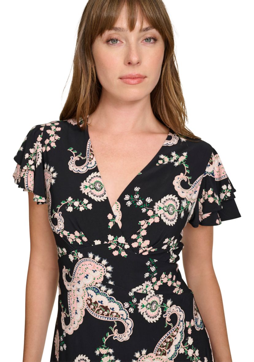 Womens Flutter Sleeve Surplice Neck Empire Waist Dress with Flounce Hem