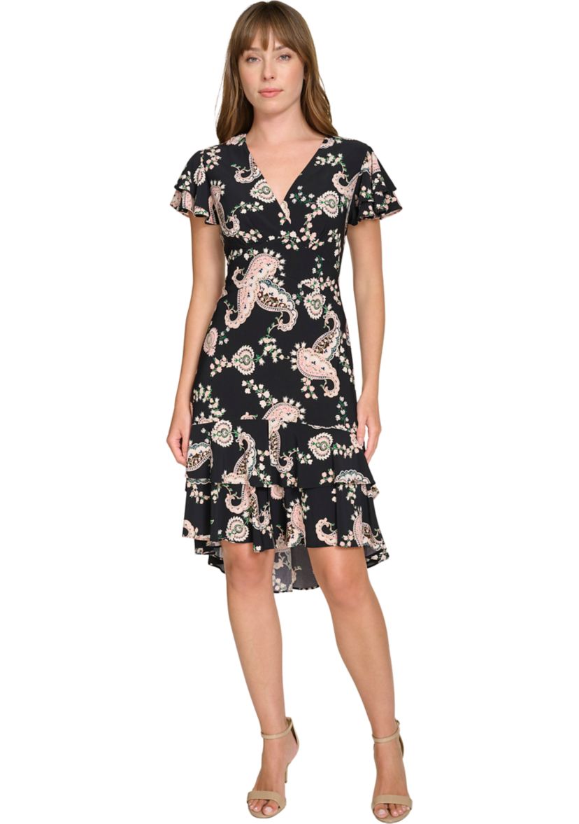 Womens Flutter Sleeve Surplice Neck Empire Waist Dress with Flounce Hem