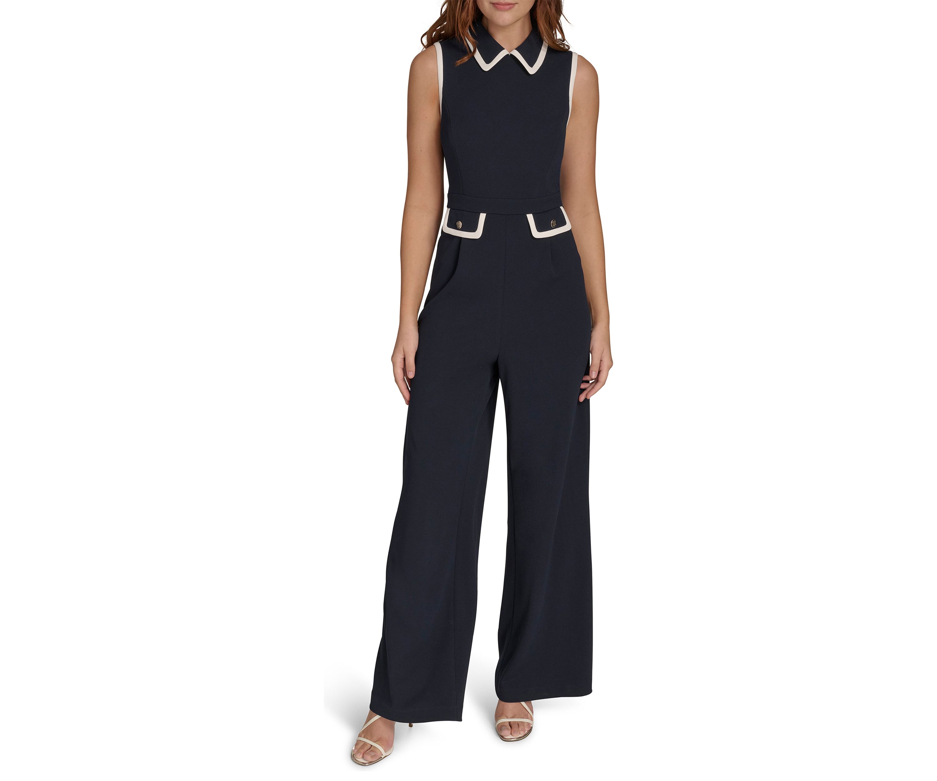 Womens Sleeveless Collared Color Block Scuba Crepe Jumpsuit 