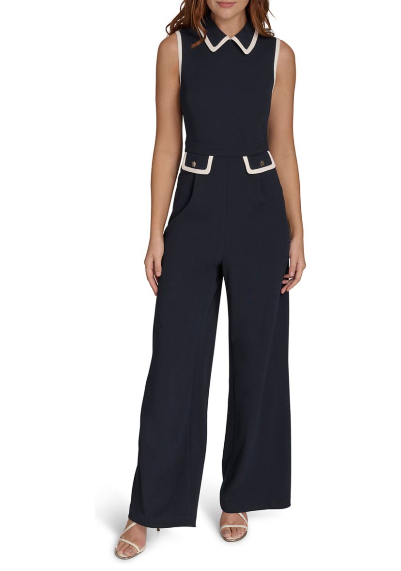 Womens Sleeveless Collared Color Block Scuba Crepe Jumpsuit 