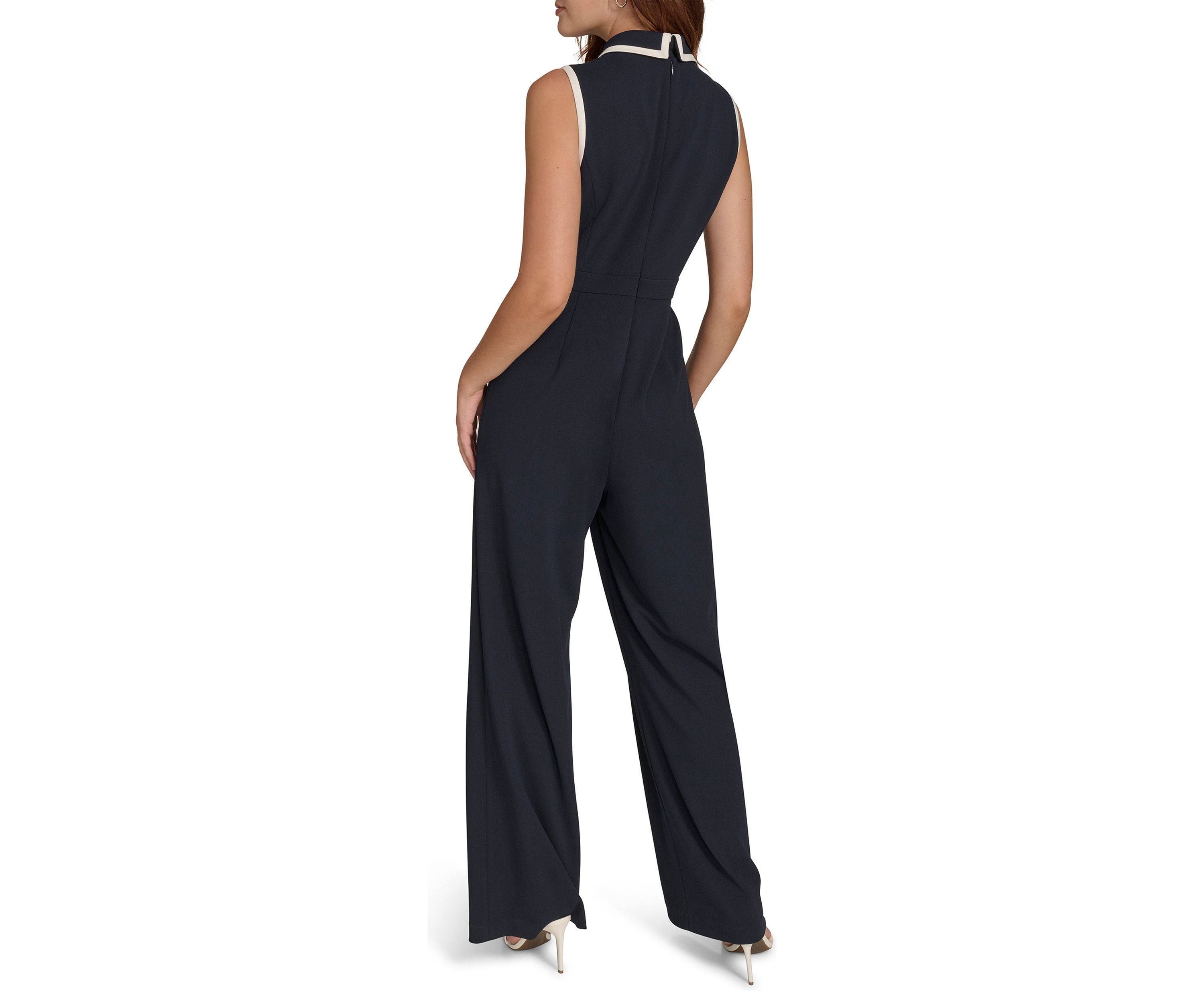 Womens Sleeveless Collared Color Block Scuba Crepe Jumpsuit 