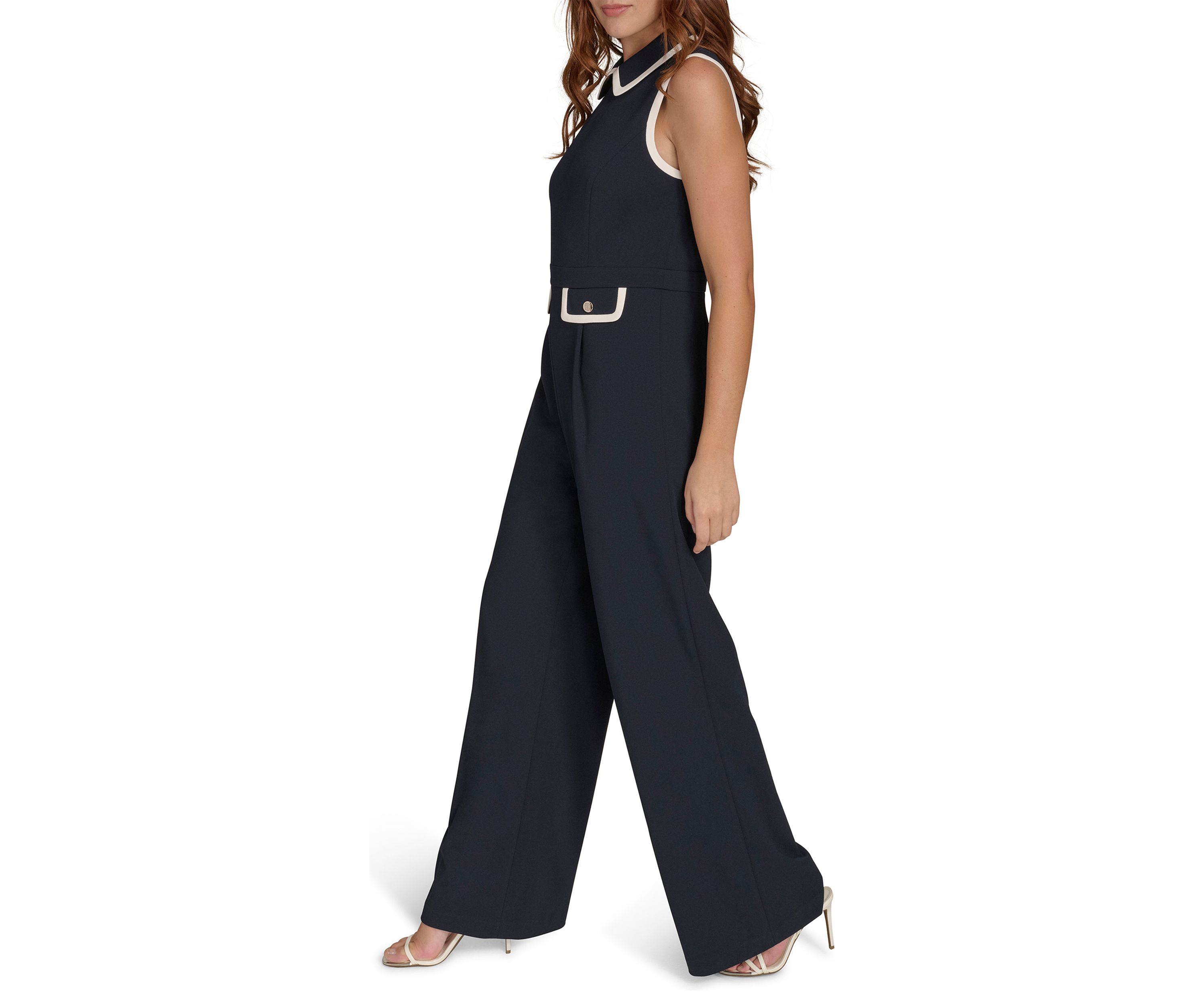 Womens Sleeveless Collared Color Block Scuba Crepe Jumpsuit 