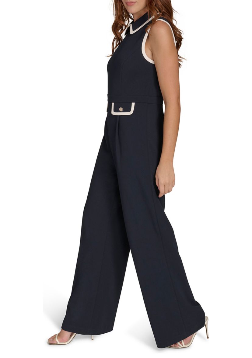 Womens Sleeveless Collared Color Block Scuba Crepe Jumpsuit 