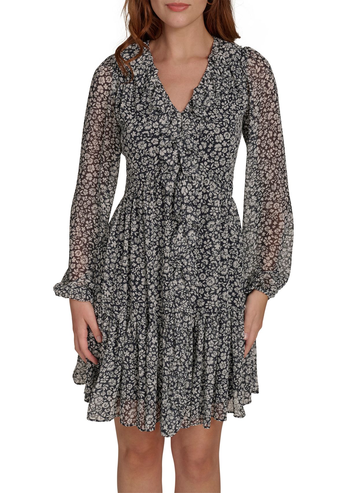 Womens Long Sleeve Ruffle Front Chiffon Shift Dress 