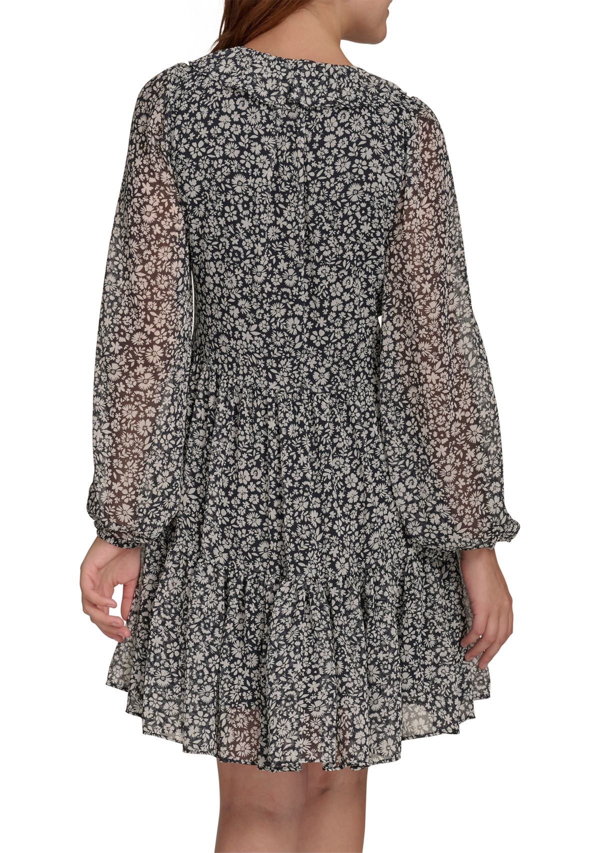 Womens Long Sleeve Ruffle Front Chiffon Shift Dress 