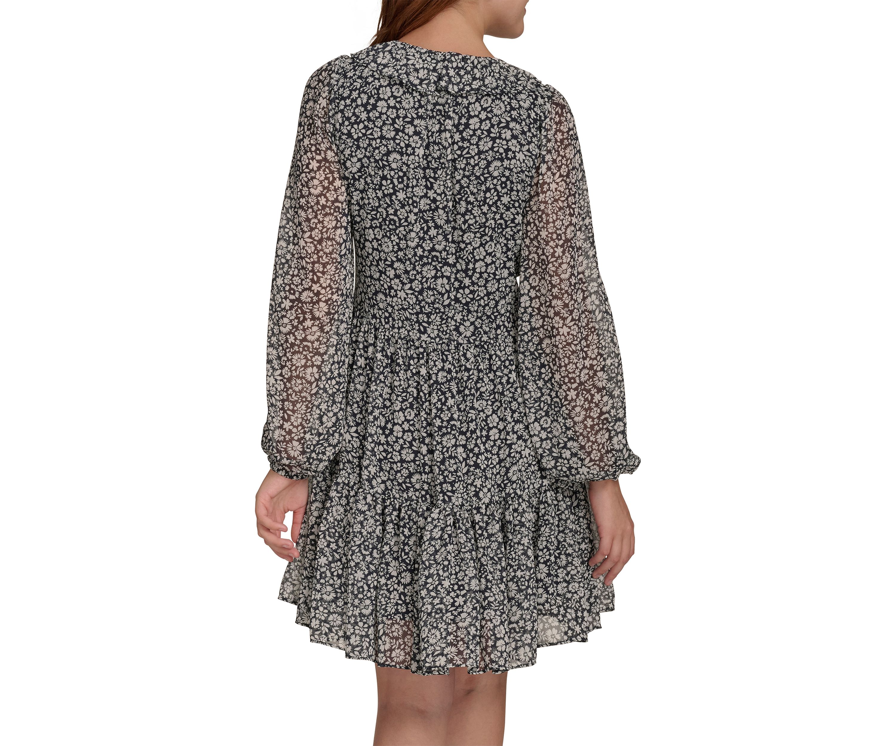 Womens Long Sleeve Ruffle Front Chiffon Shift Dress 