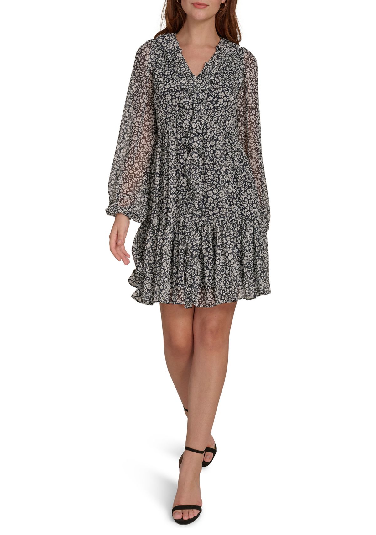 Womens Long Sleeve Ruffle Front Chiffon Shift Dress 