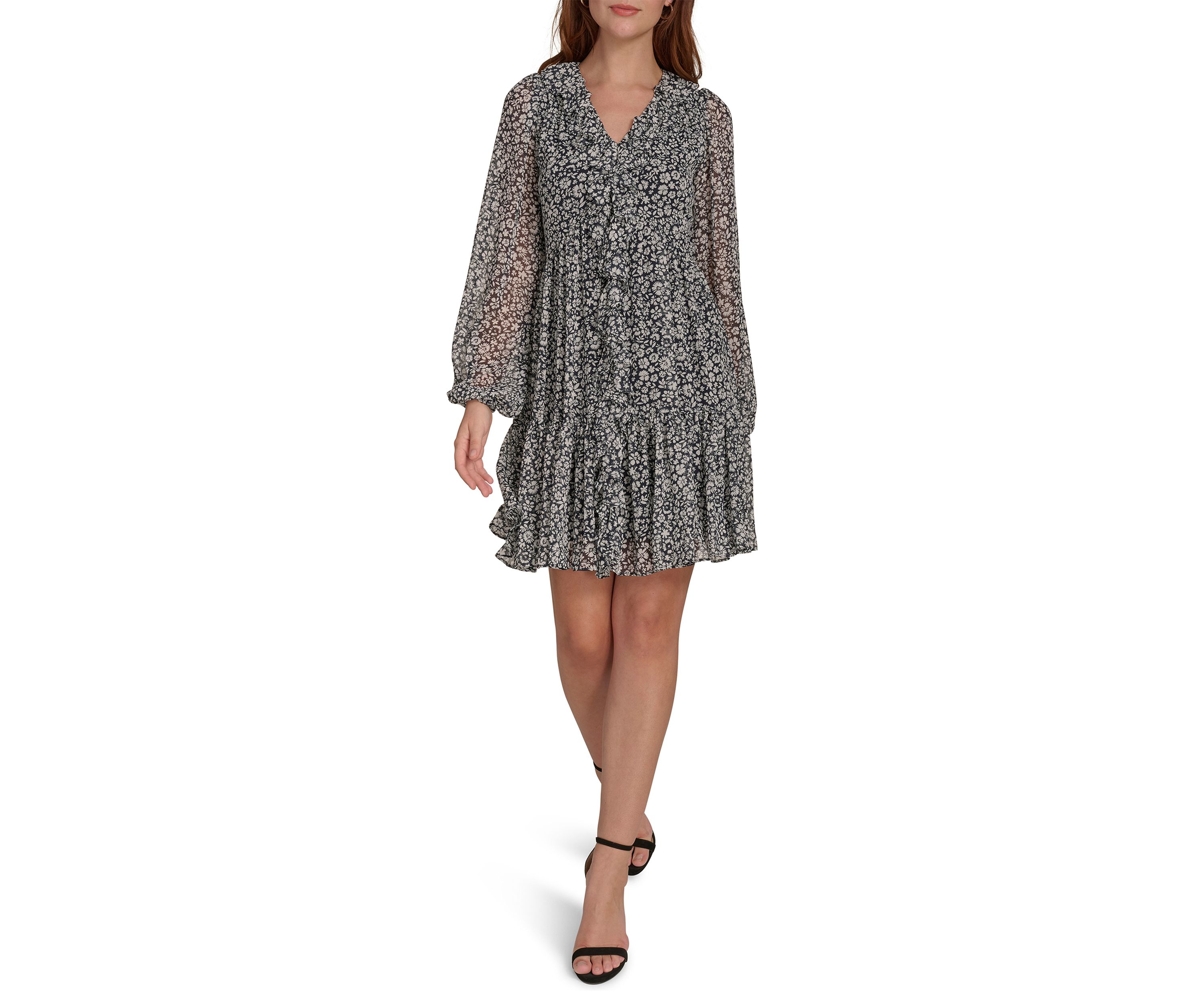 Womens Long Sleeve Ruffle Front Chiffon Shift Dress 