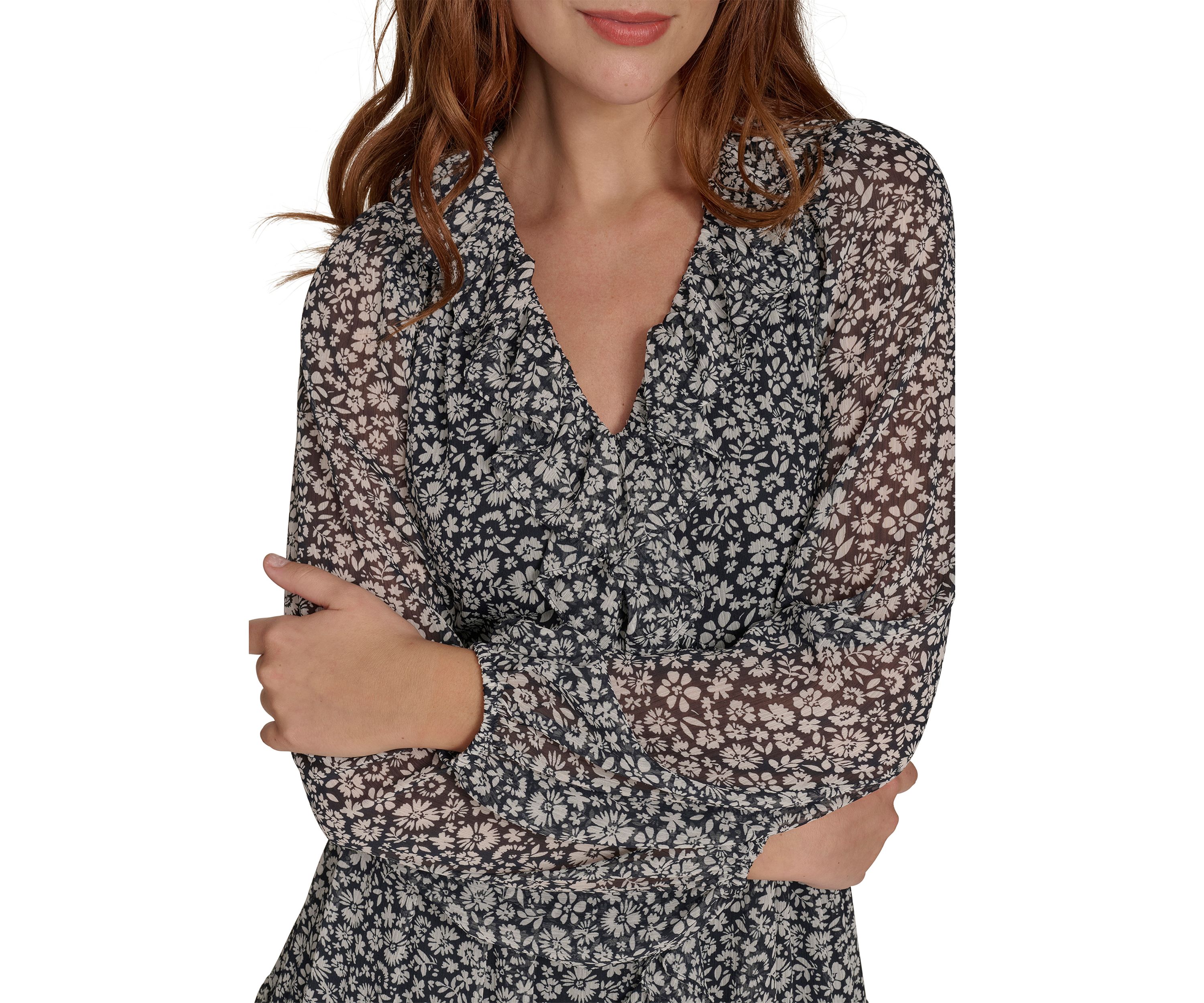 Womens Long Sleeve Ruffle Front Chiffon Shift Dress 
