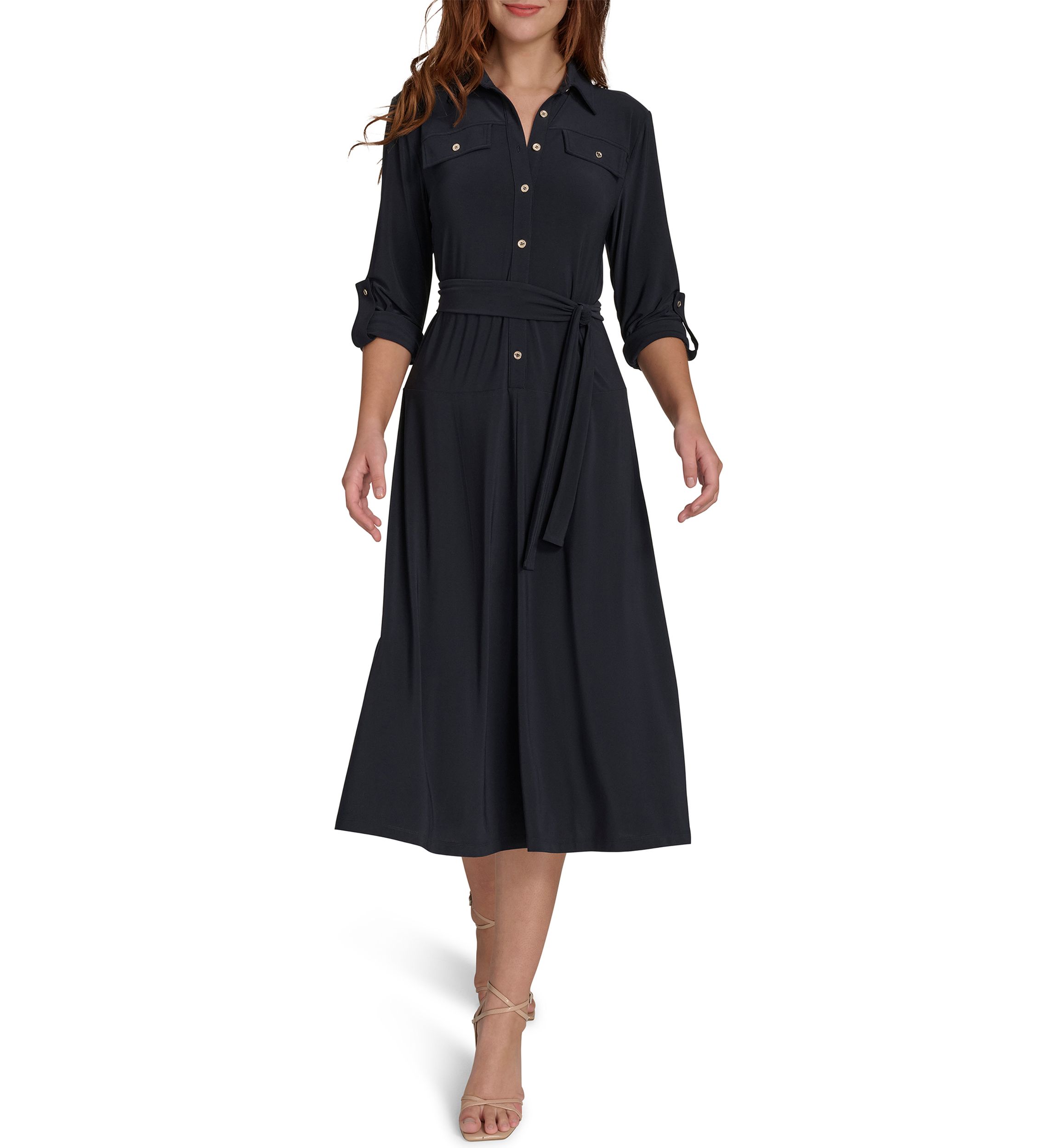 Womens Roll Tab Sleeve Self Tie Jersey Shirtdress 