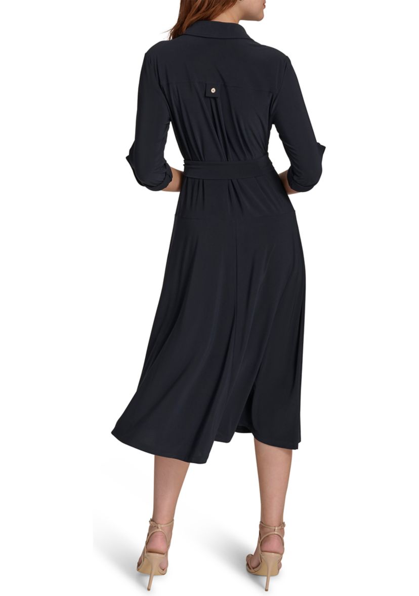 Womens Roll Tab Sleeve Self Tie Jersey Shirtdress 