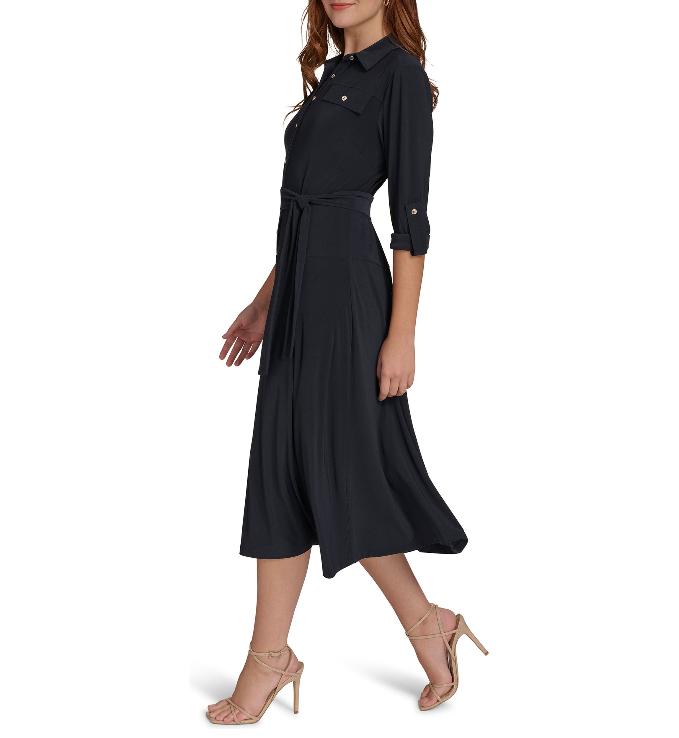 Womens Roll Tab Sleeve Self Tie Jersey Shirtdress 