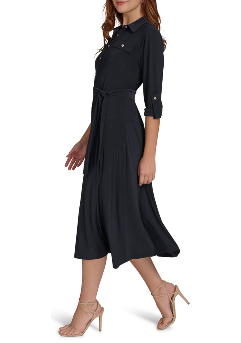 Womens Roll Tab Sleeve Self Tie Jersey Shirtdress 