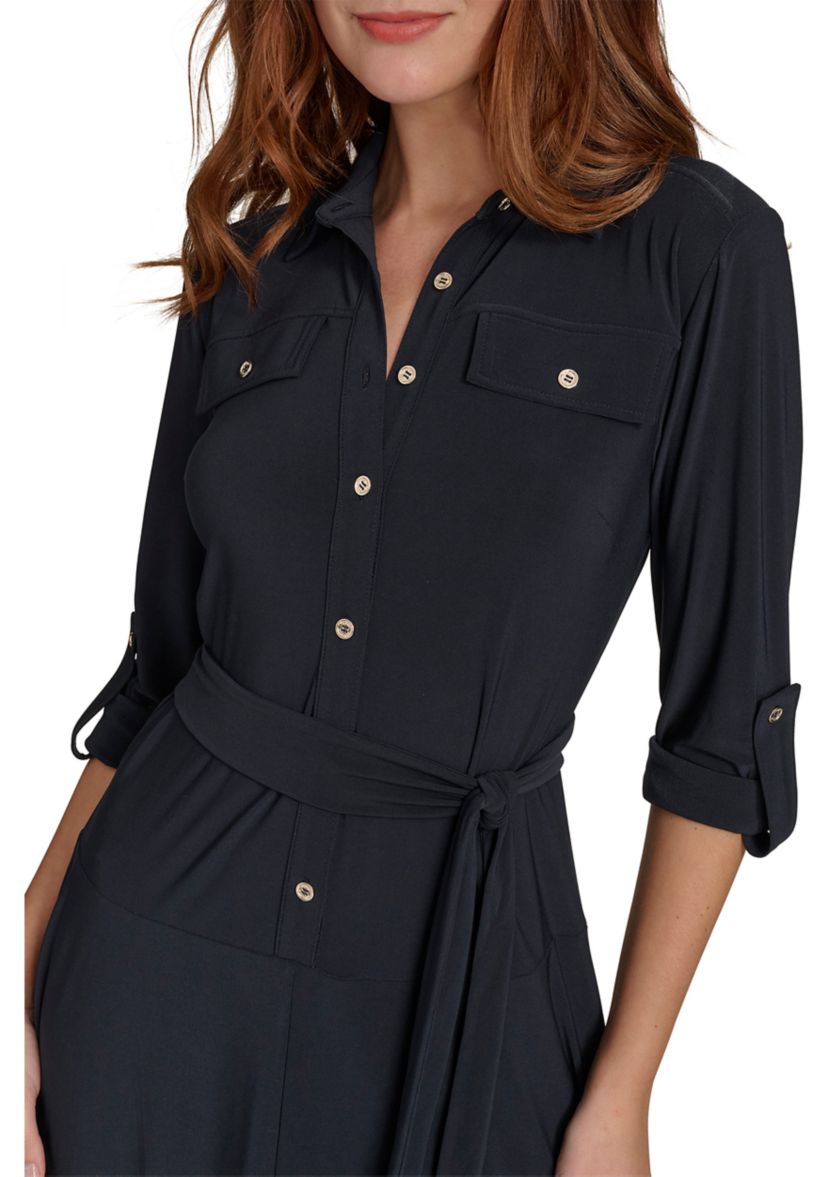 Womens Roll Tab Sleeve Self Tie Jersey Shirtdress 