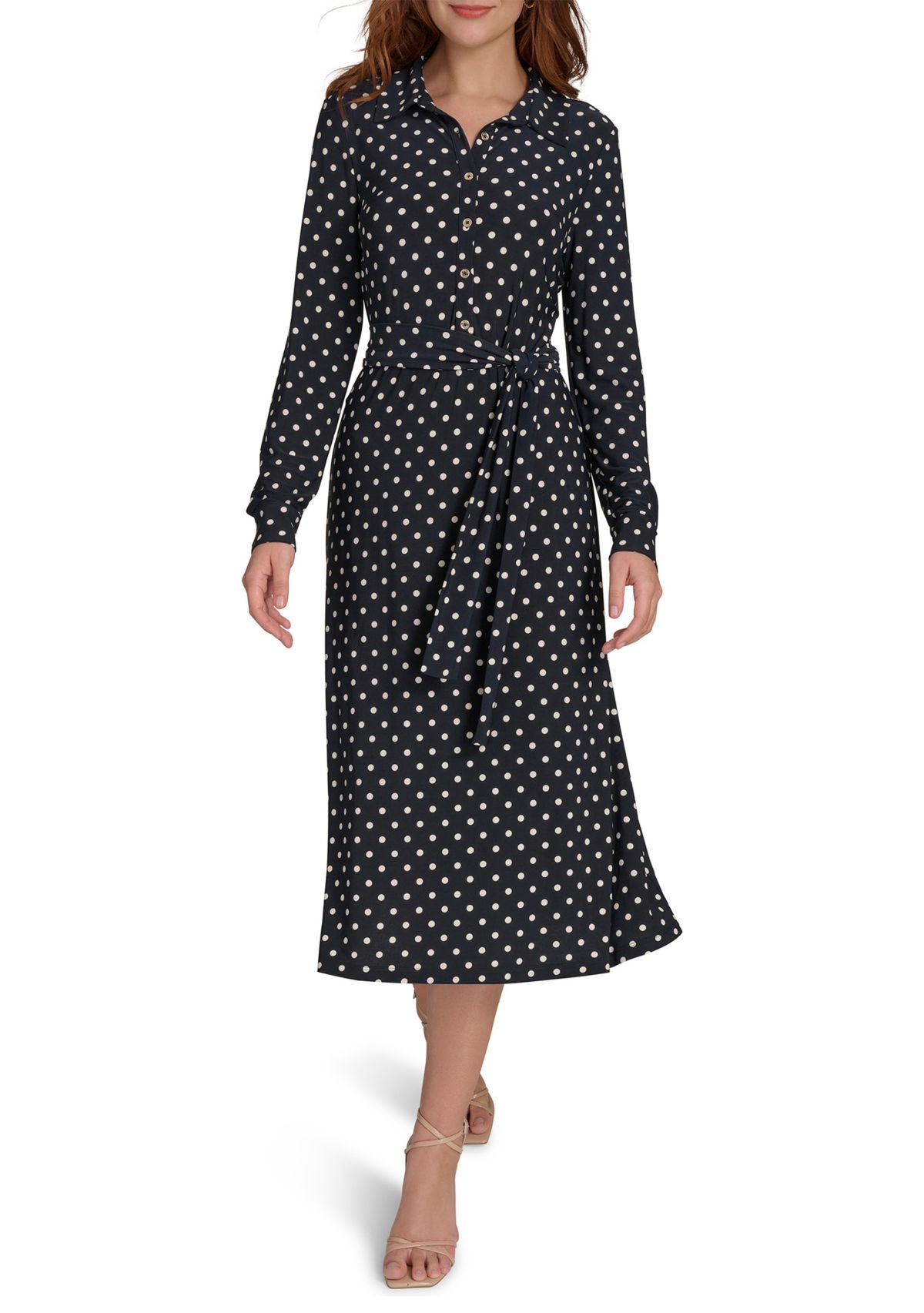 Womens Long Sleeve Self Tie Dot Jersey Shirtdress 