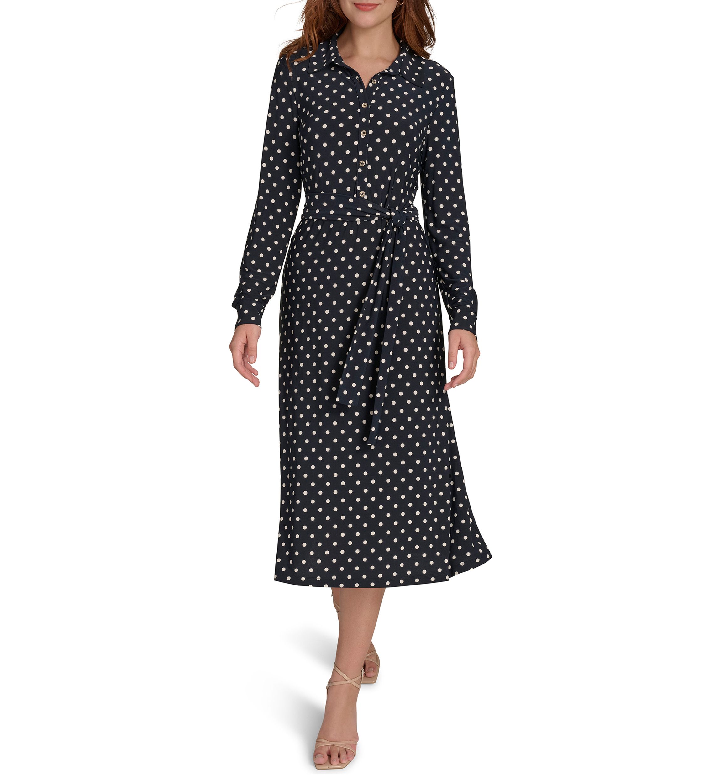 Womens Long Sleeve Self Tie Dot Jersey Shirtdress 