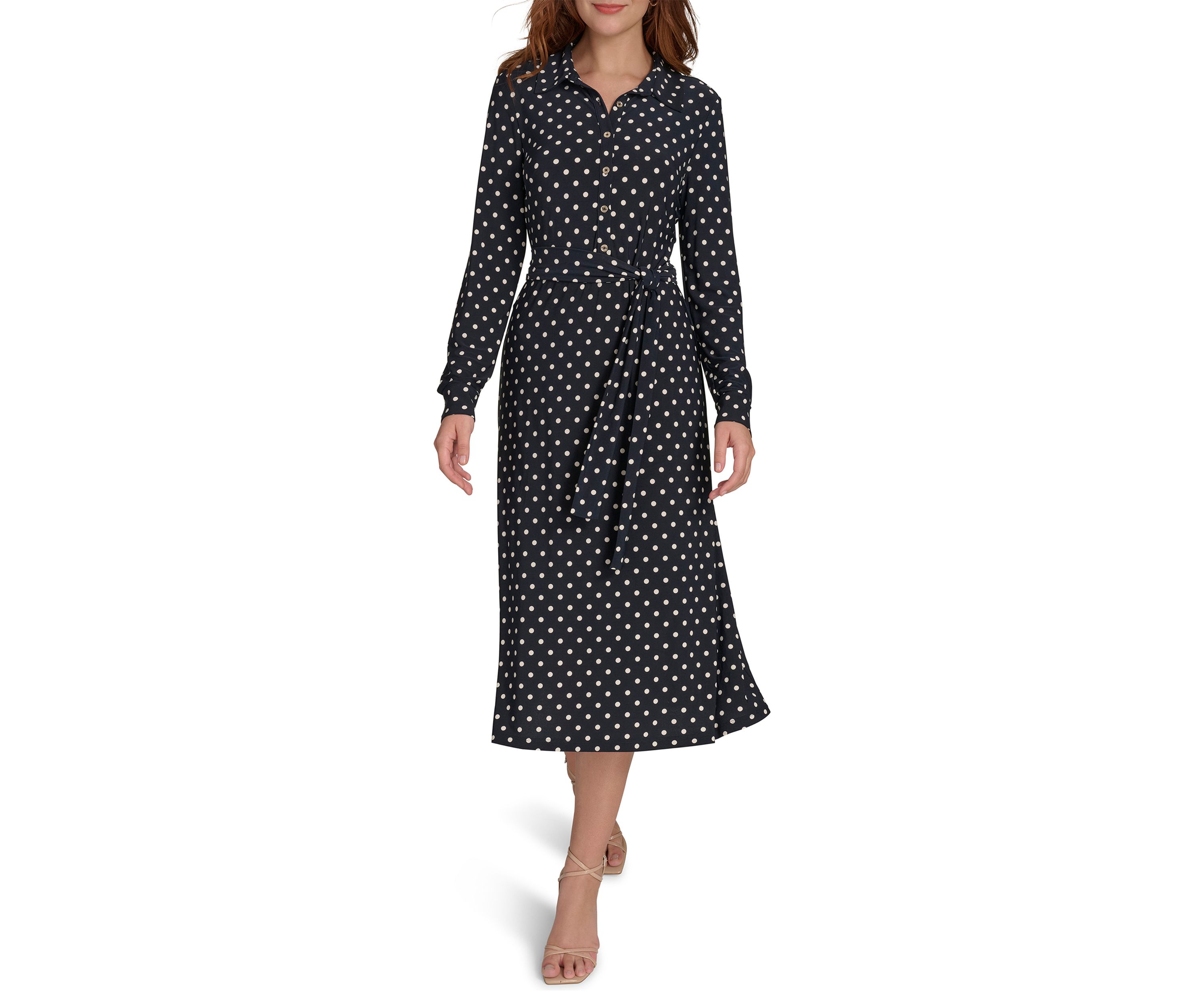Womens Long Sleeve Self Tie Dot Jersey Shirtdress 