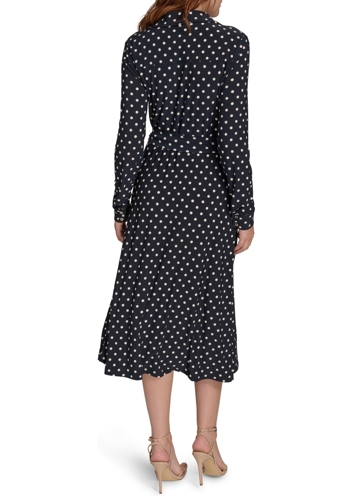 Womens Long Sleeve Self Tie Dot Jersey Shirtdress 
