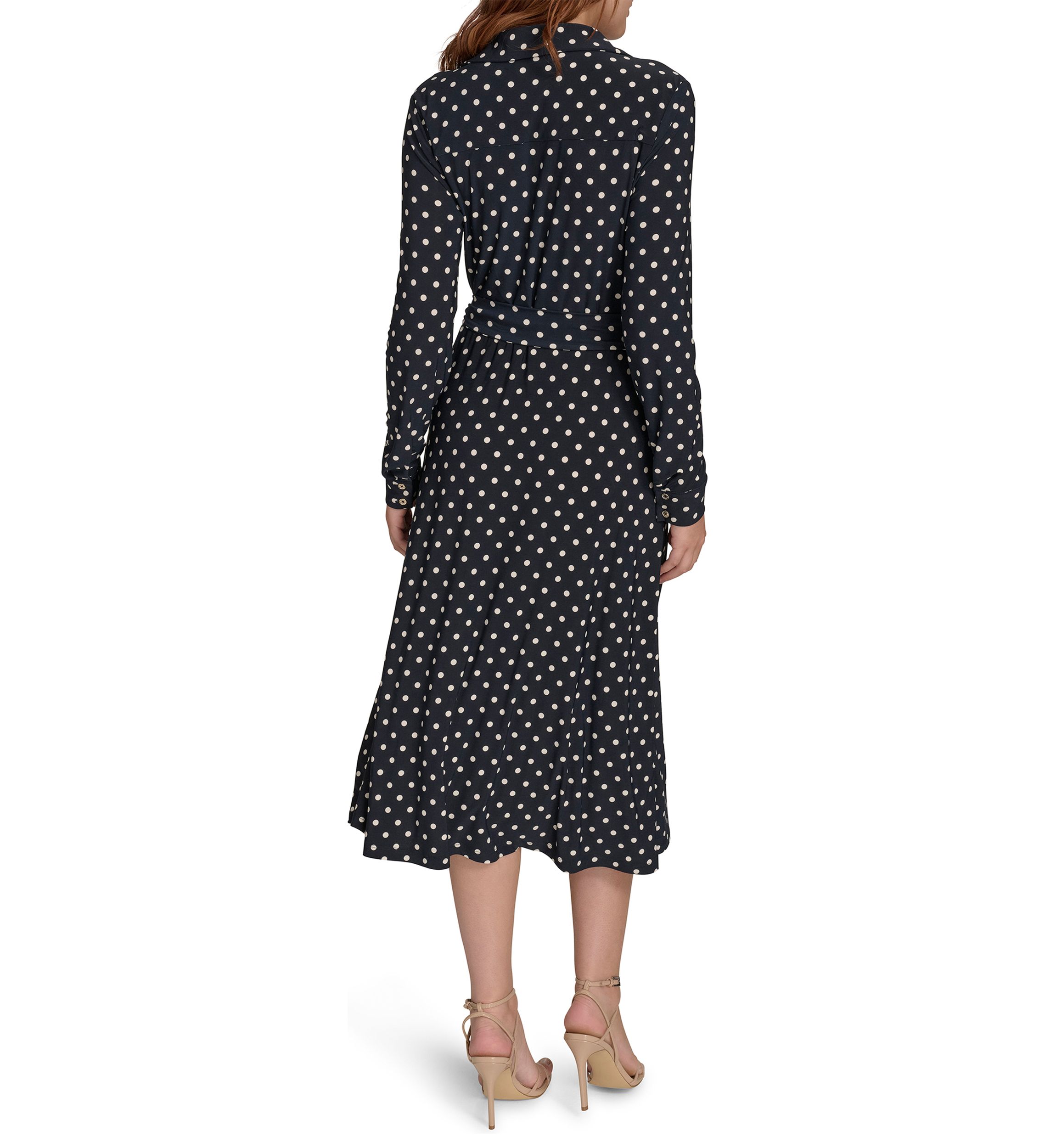 Womens Long Sleeve Self Tie Dot Jersey Shirtdress 