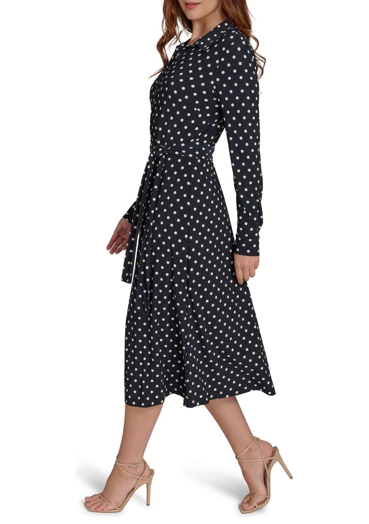 Womens Long Sleeve Self Tie Dot Jersey Shirtdress 