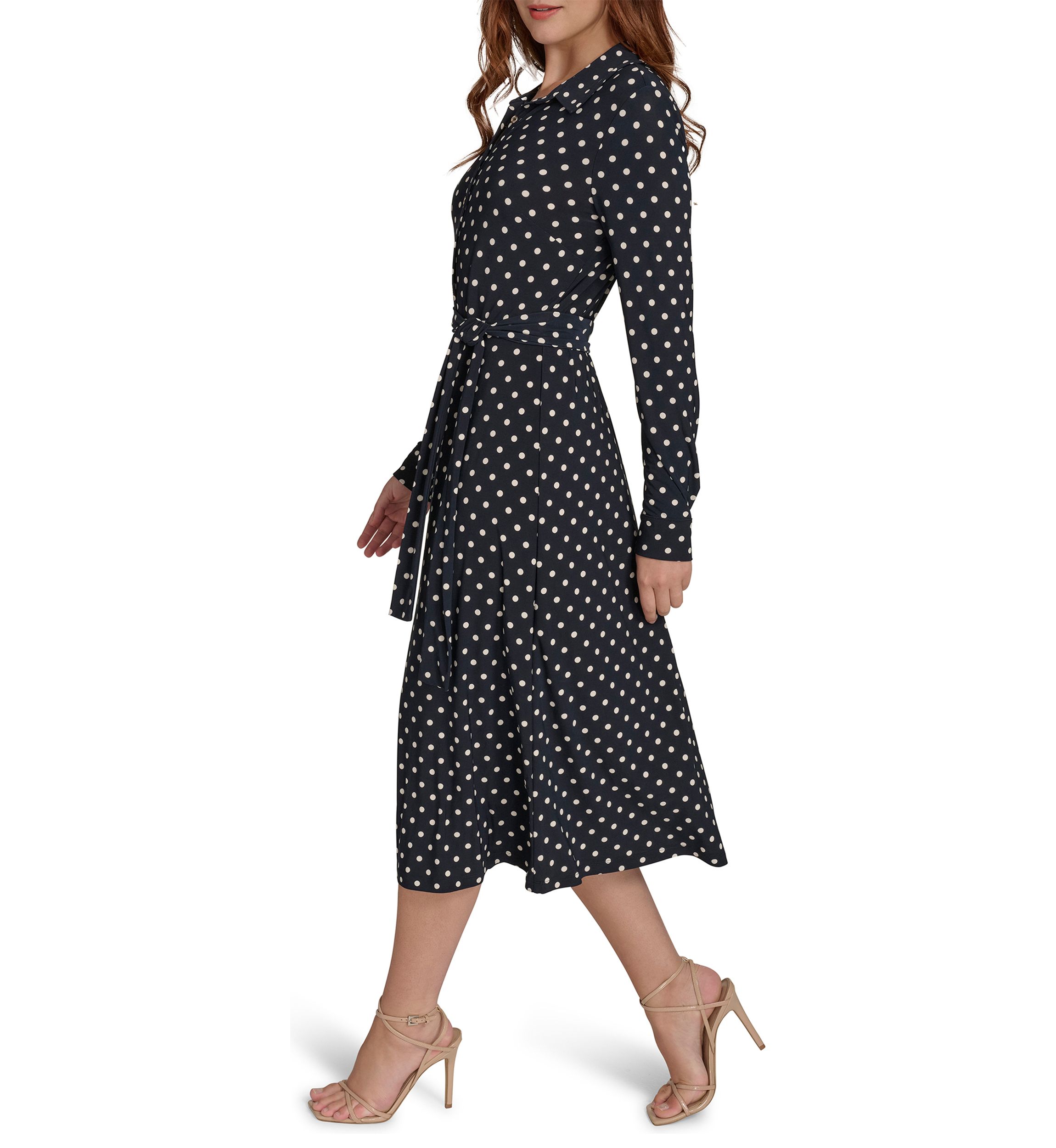 Womens Long Sleeve Self Tie Dot Jersey Shirtdress 