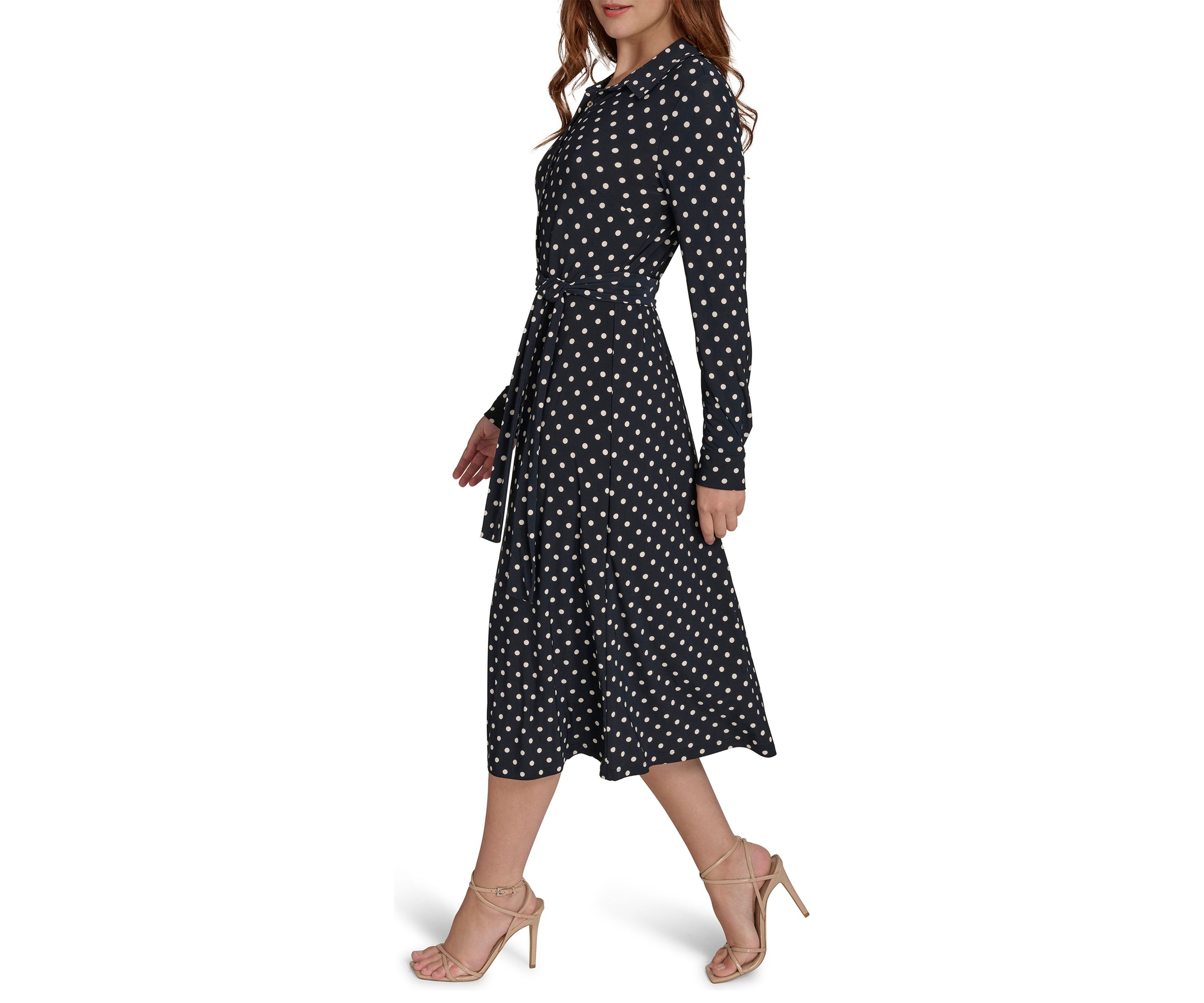 Womens Long Sleeve Self Tie Dot Jersey Shirtdress 