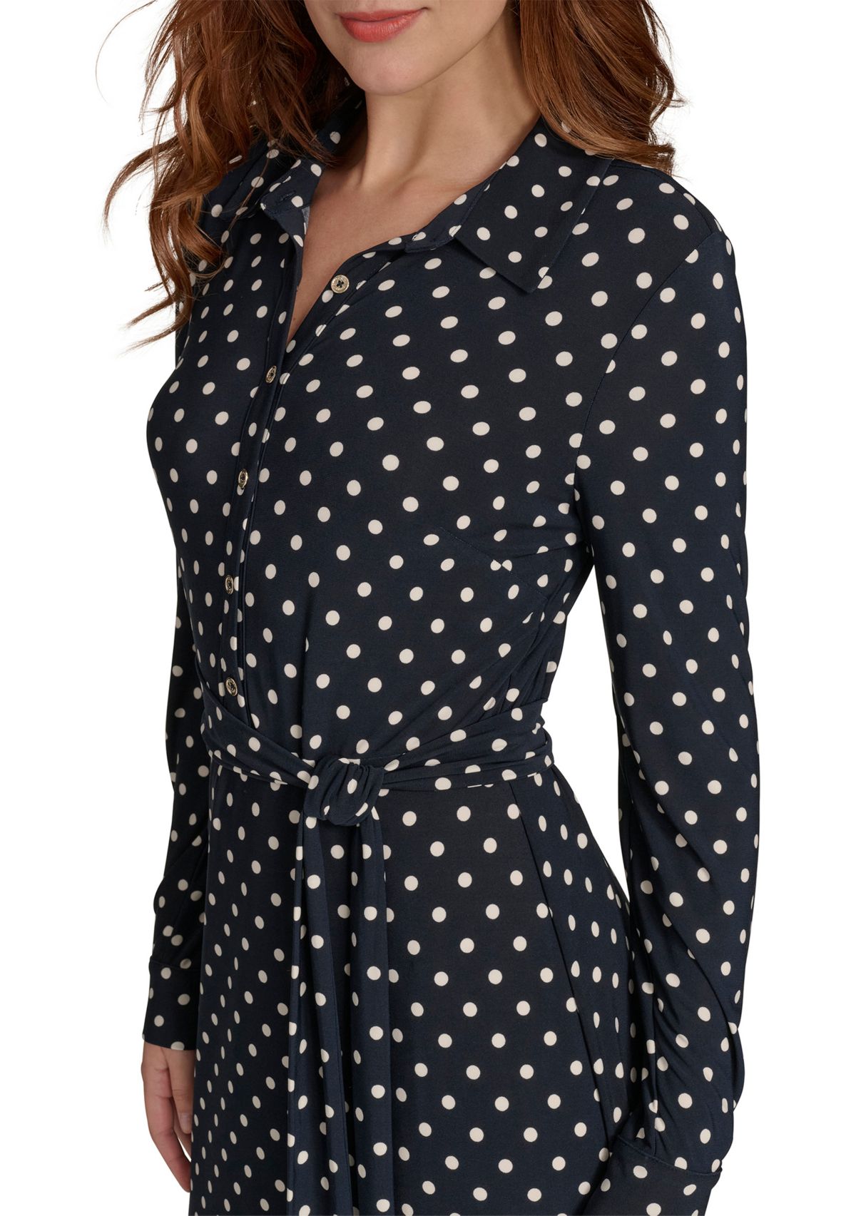 Womens Long Sleeve Self Tie Dot Jersey Shirtdress 